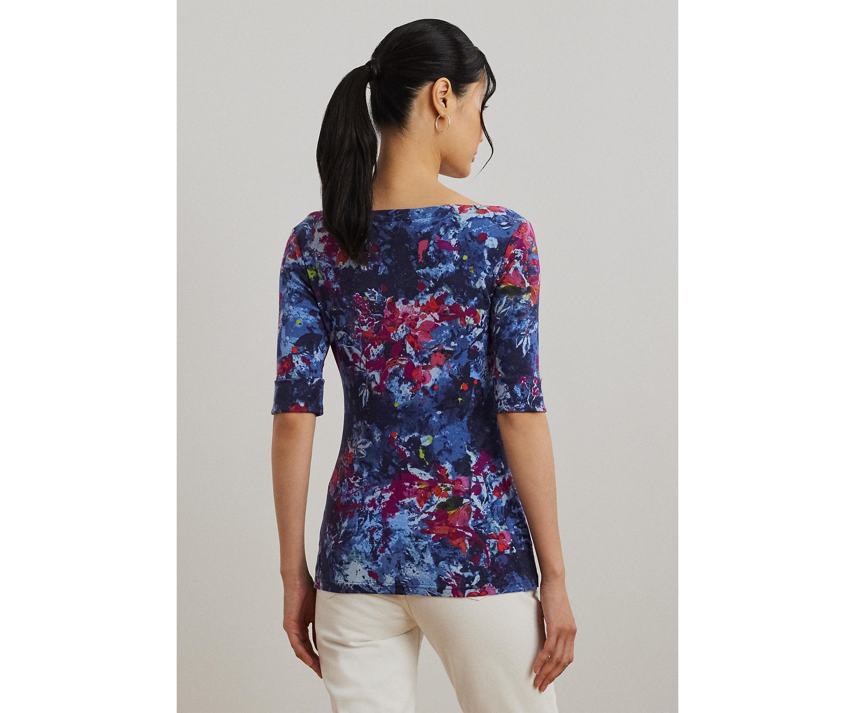 Print Stretch Cotton Boat Neck Tee