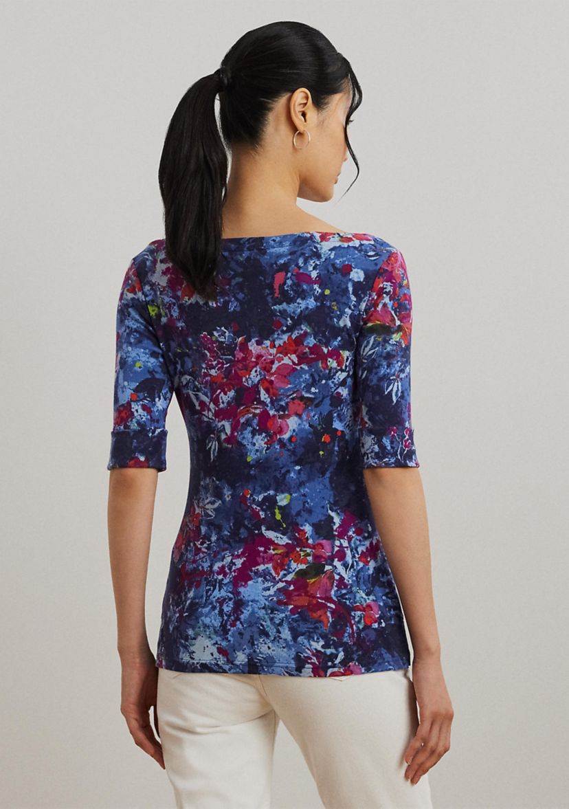 Print Stretch Cotton Boat Neck Tee
