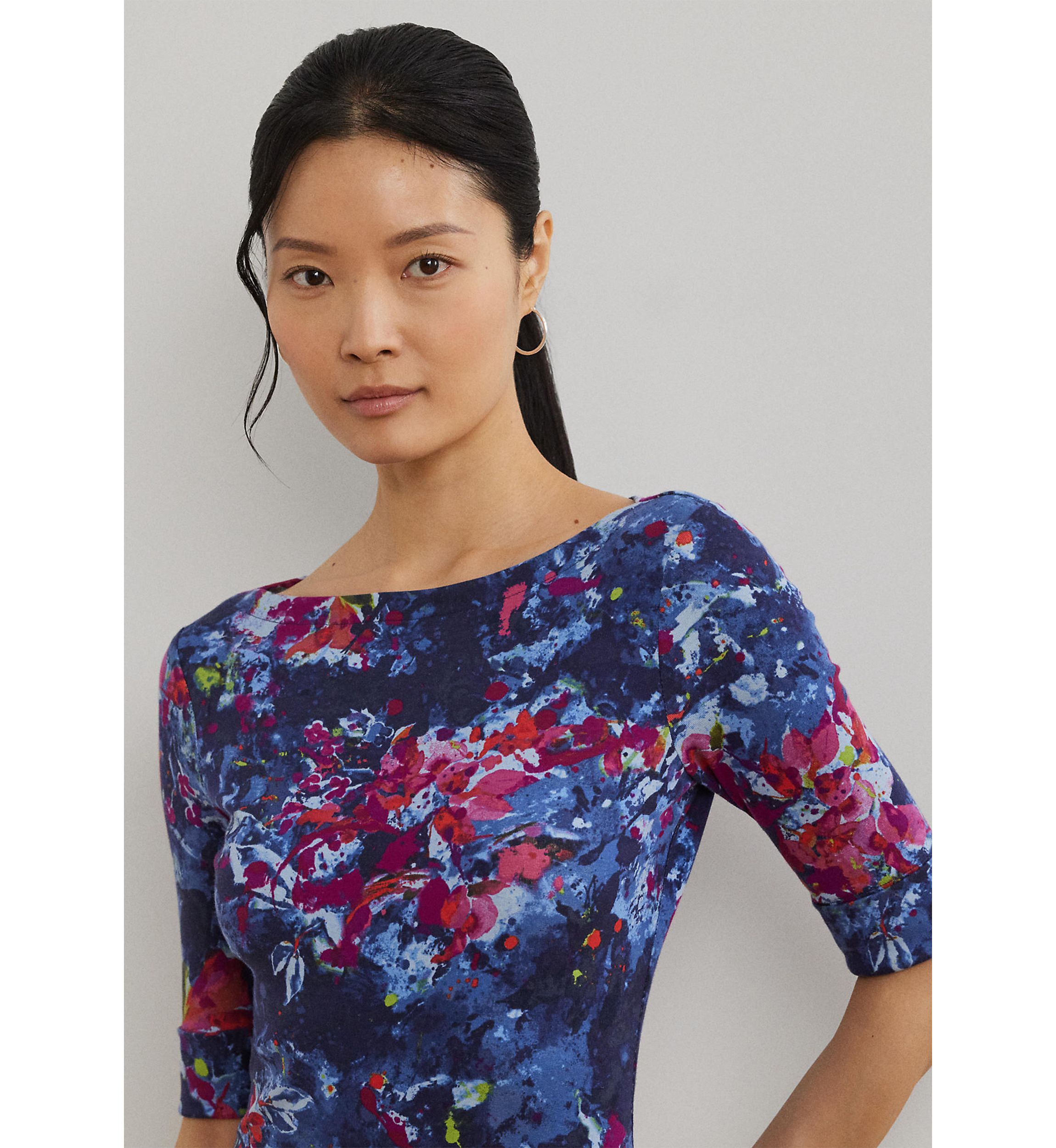 Print Stretch Cotton Boat Neck Tee
