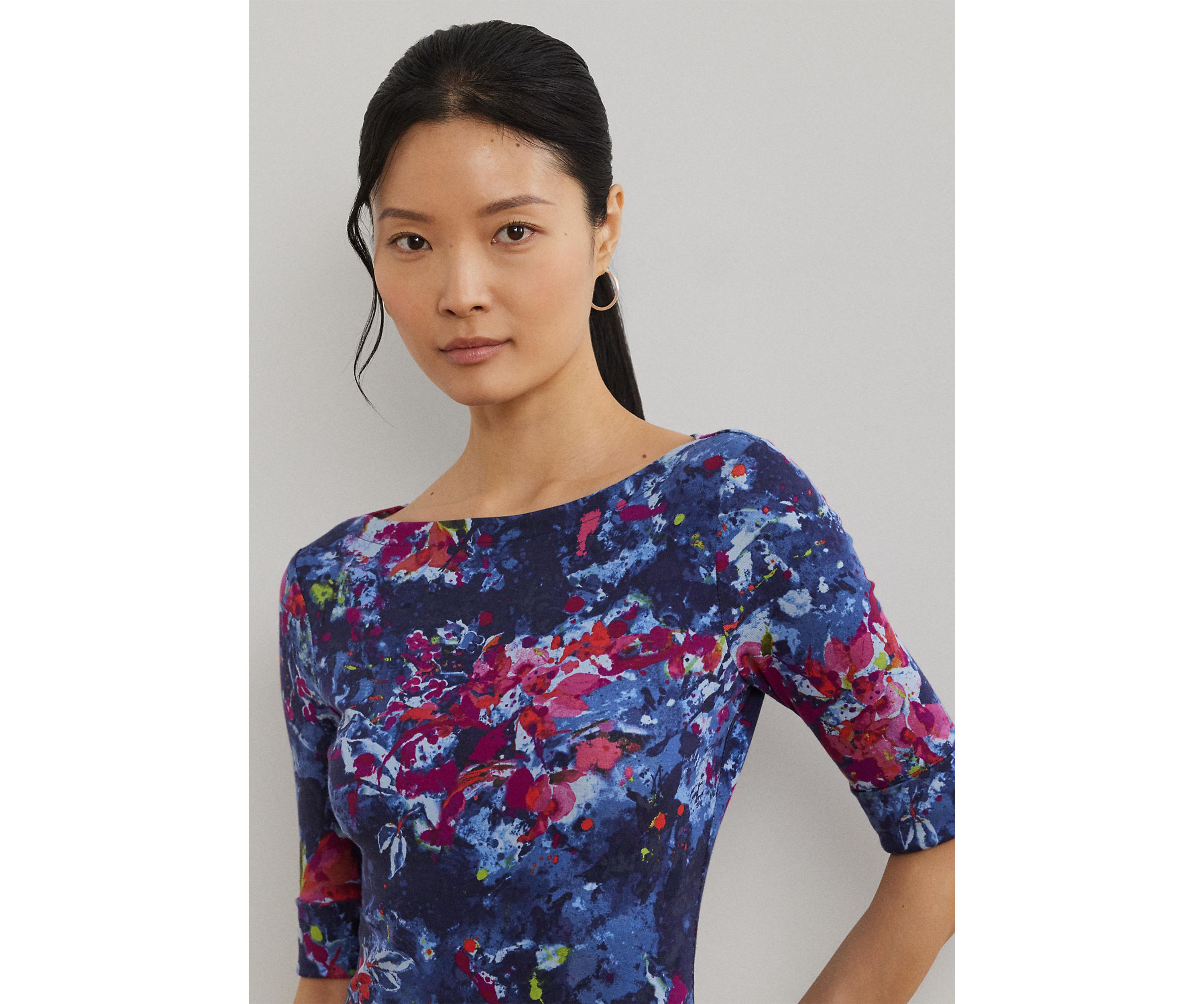 Print Stretch Cotton Boat Neck Tee