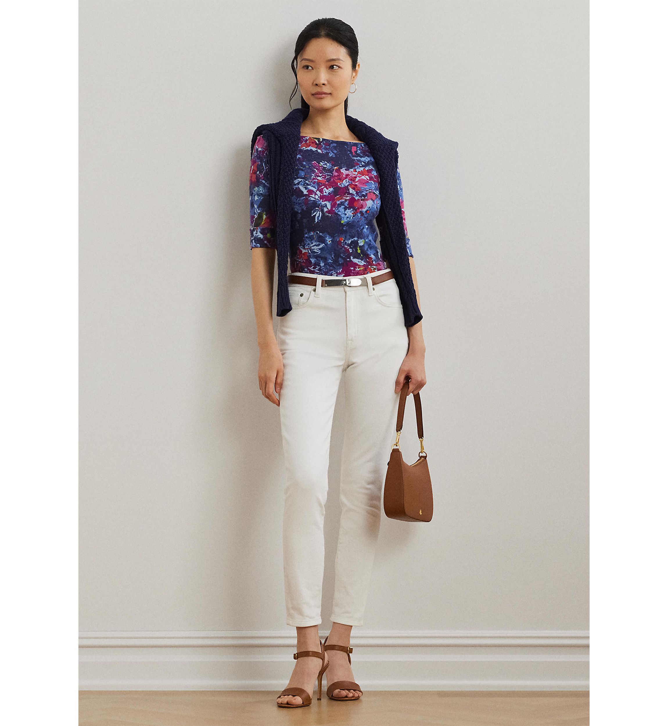 Print Stretch Cotton Boat Neck Tee