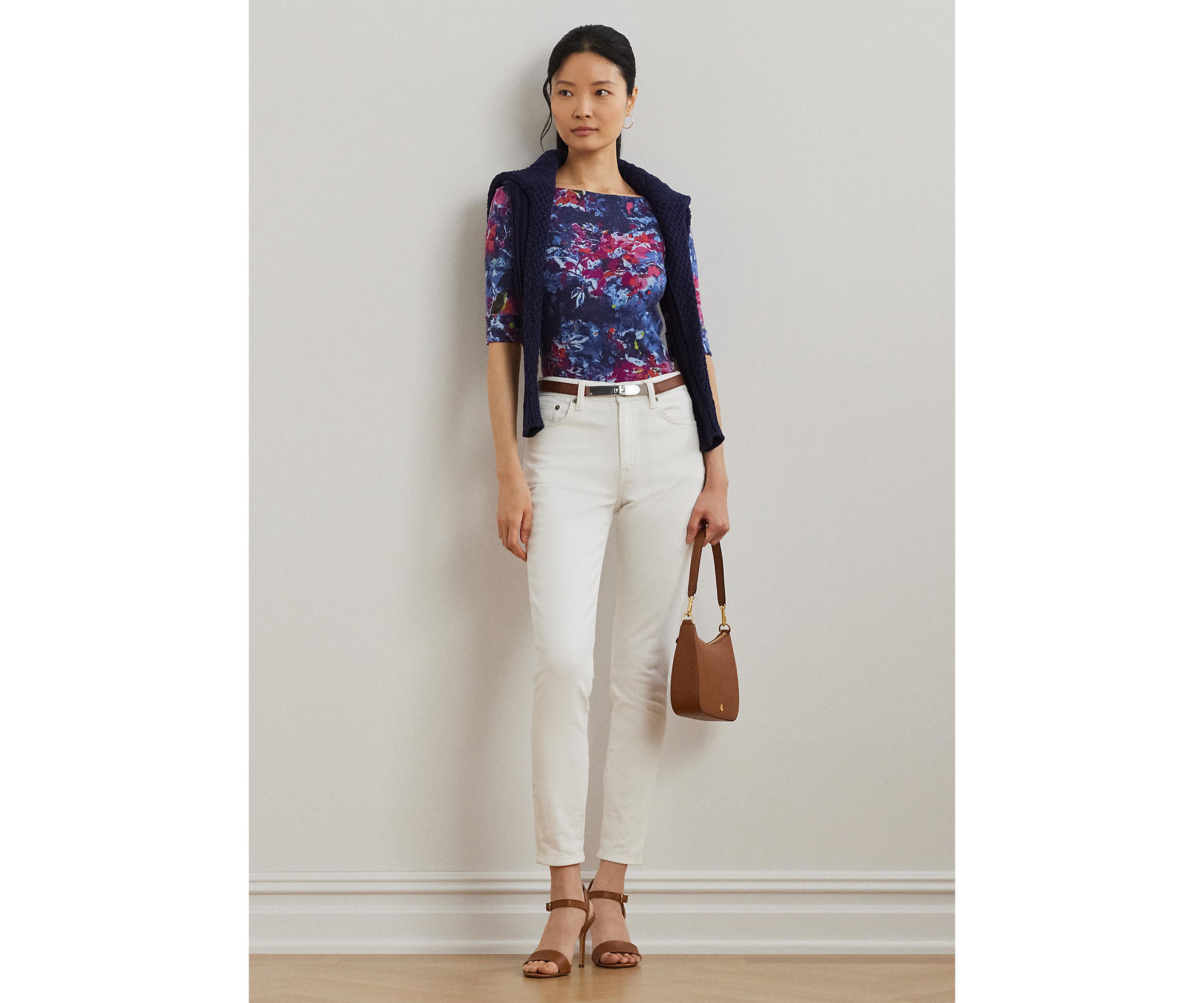 Print Stretch Cotton Boat Neck Tee