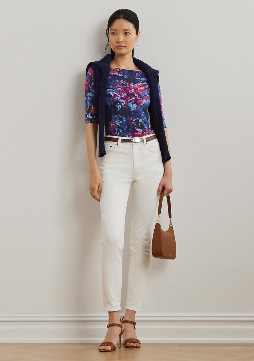 Print Stretch Cotton Boat Neck Tee