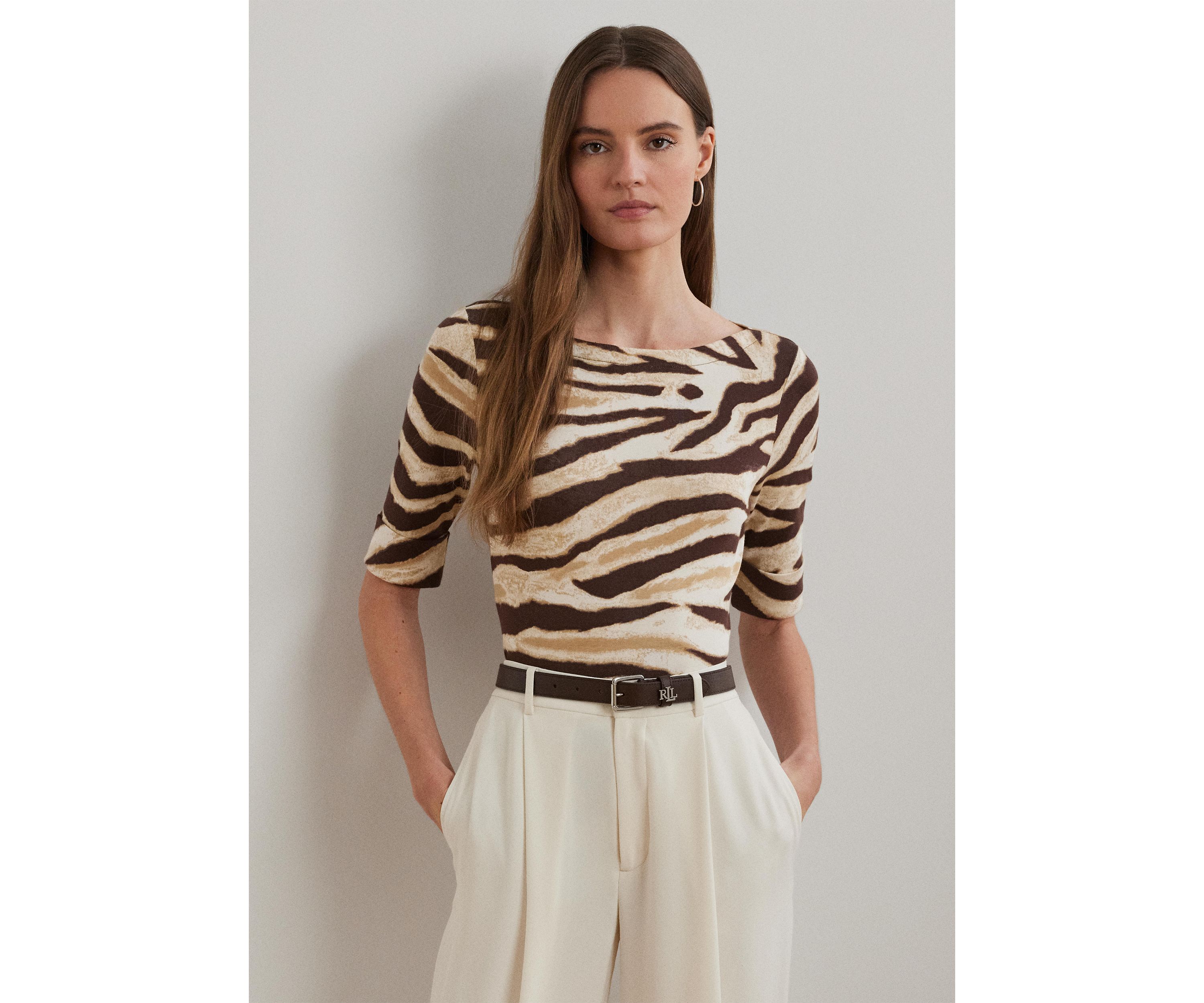 Zebra Print Stretch Cotton Boat Neck T-Shirt