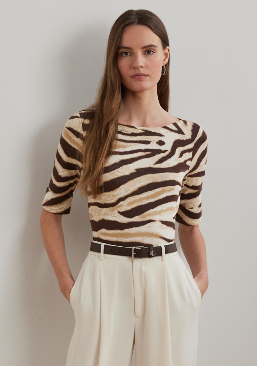 Zebra Print Stretch Cotton Boat Neck T-Shirt