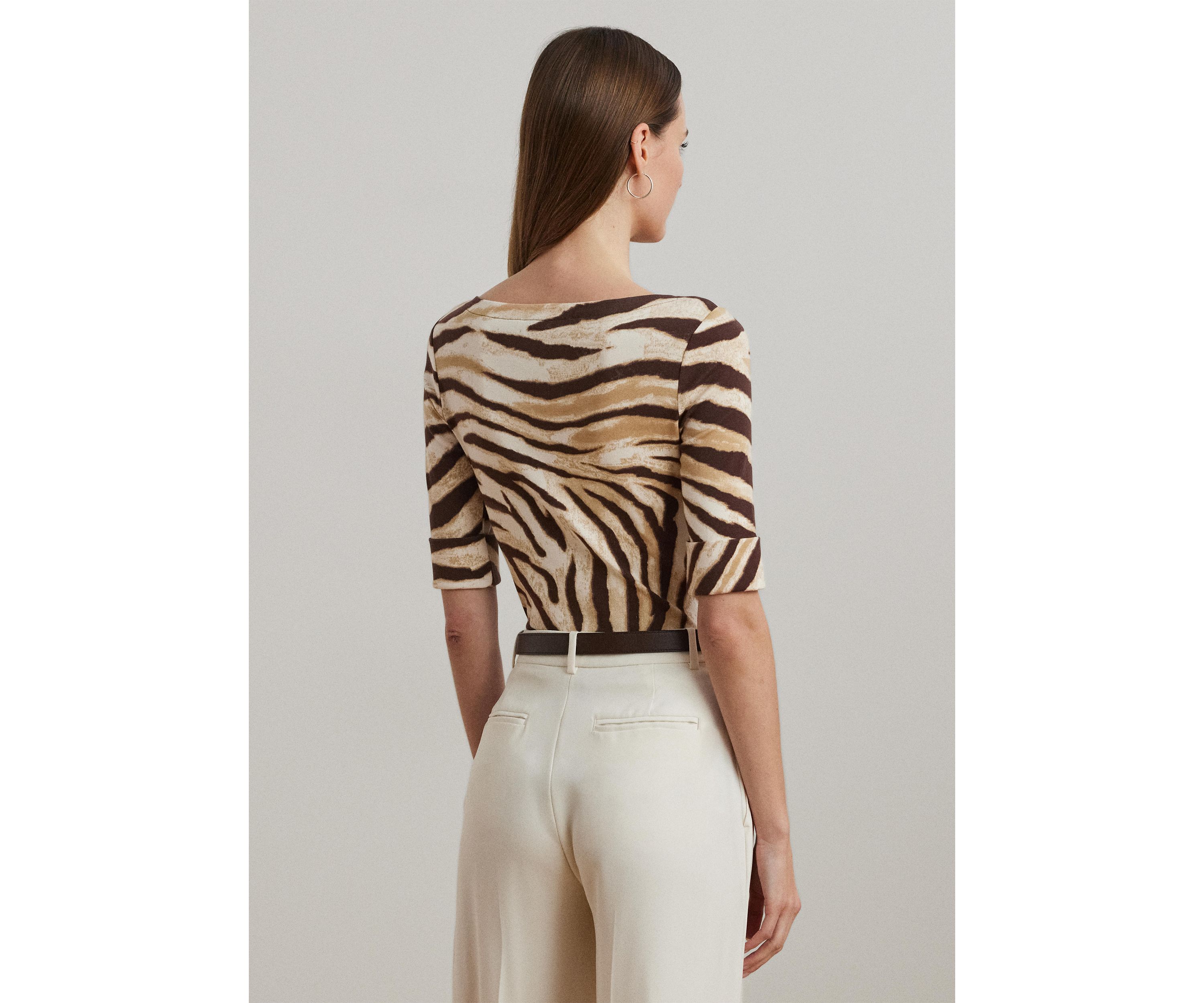 Zebra Print Stretch Cotton Boat Neck T-Shirt