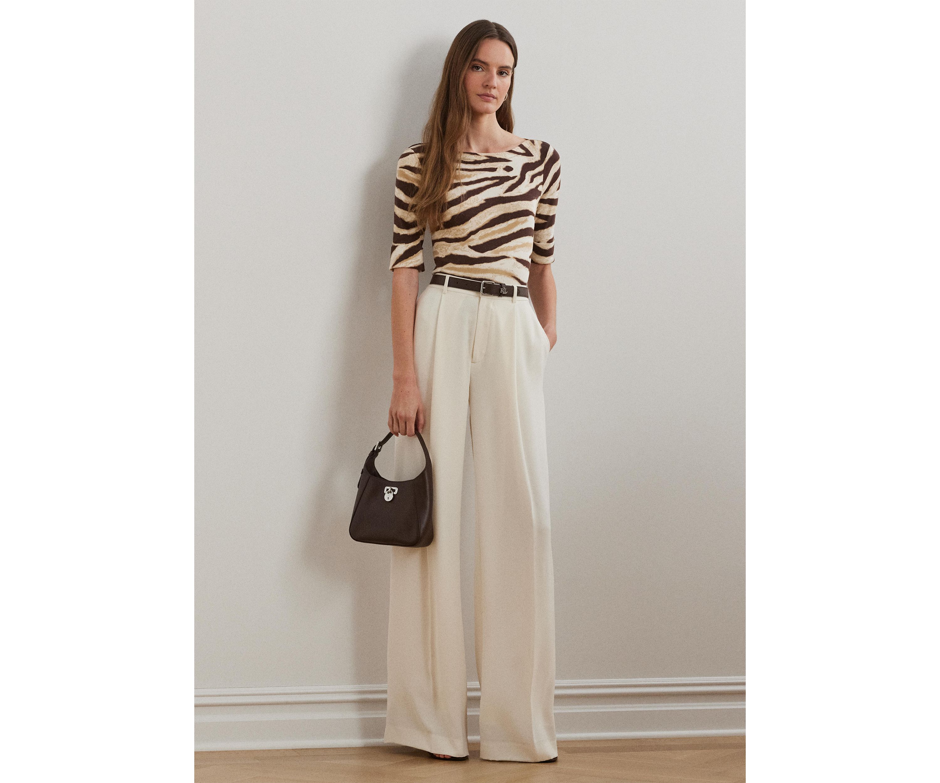 Zebra Print Stretch Cotton Boat Neck T-Shirt