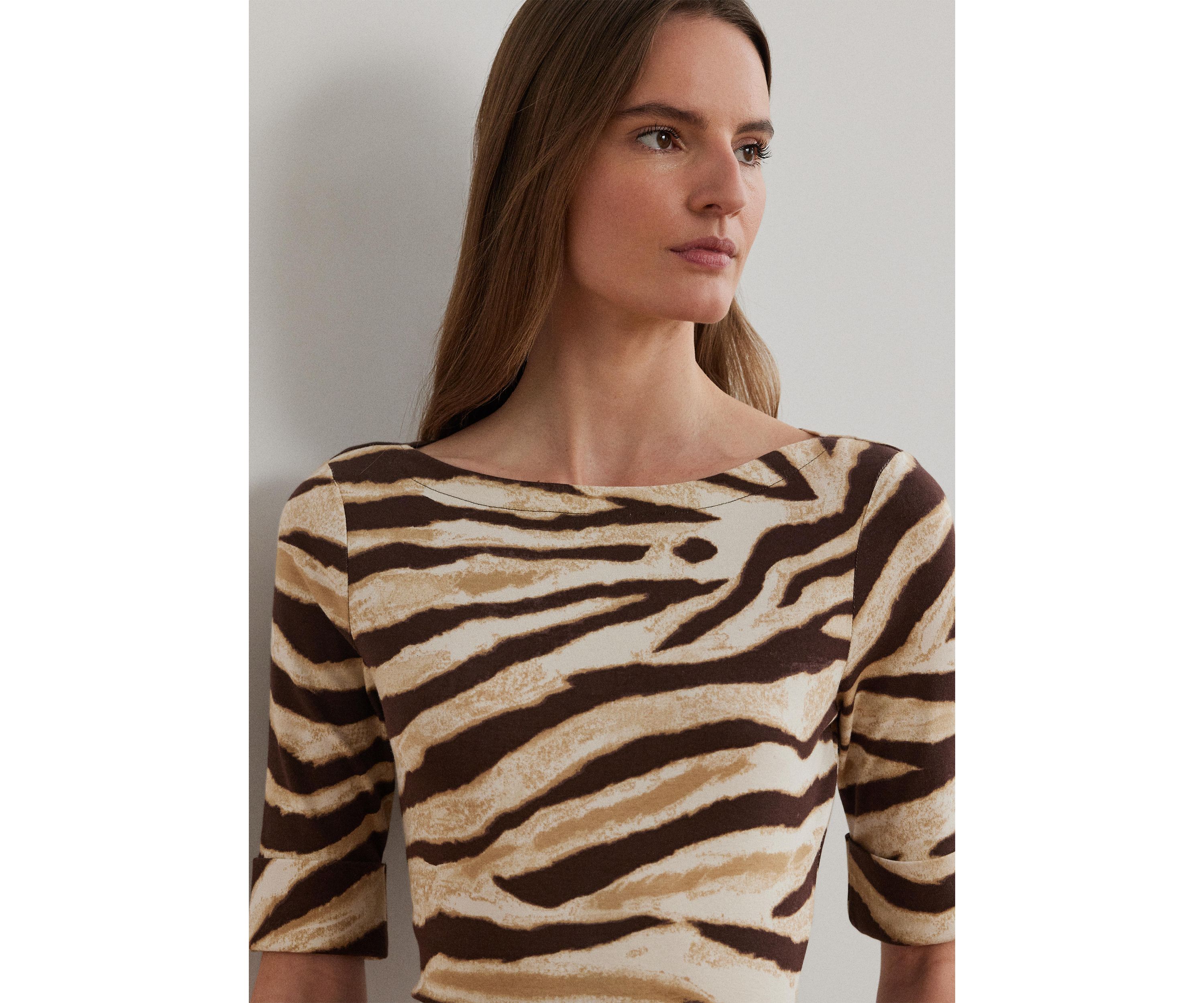 Zebra Print Stretch Cotton Boat Neck T-Shirt