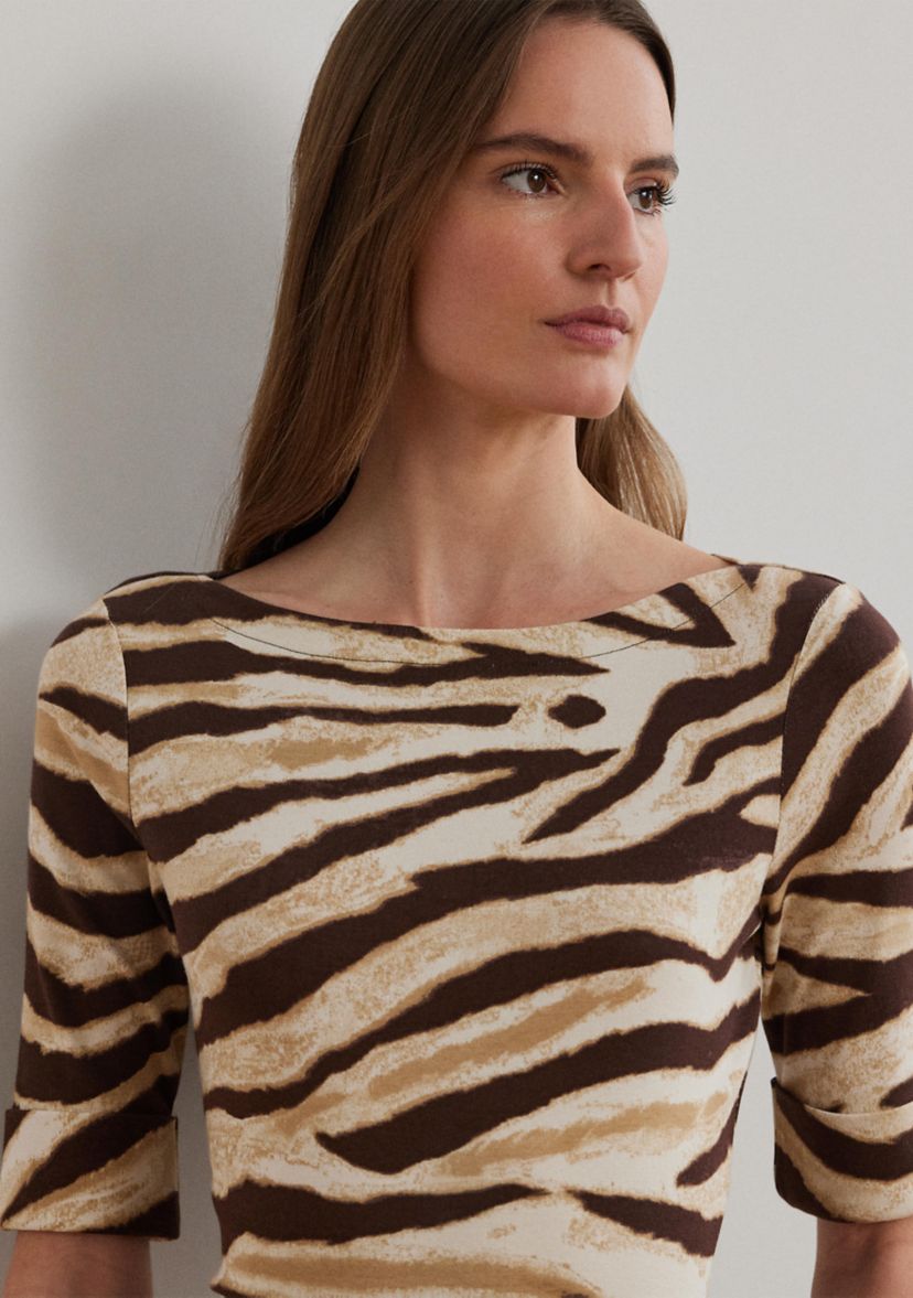 Zebra Print Stretch Cotton Boat Neck T-Shirt