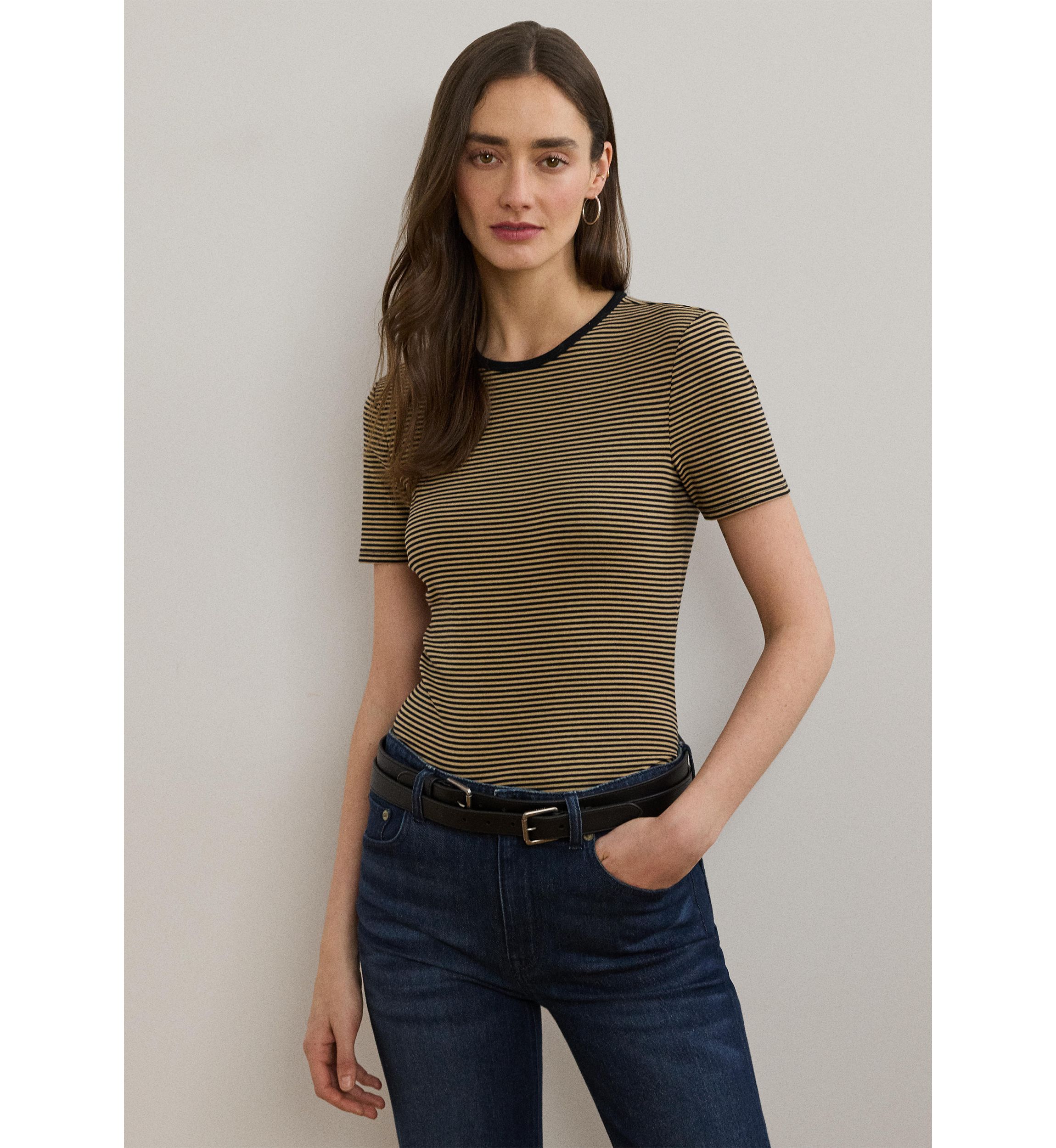 Womens Striped Stretch Cotton Crew Neck T-Shirt