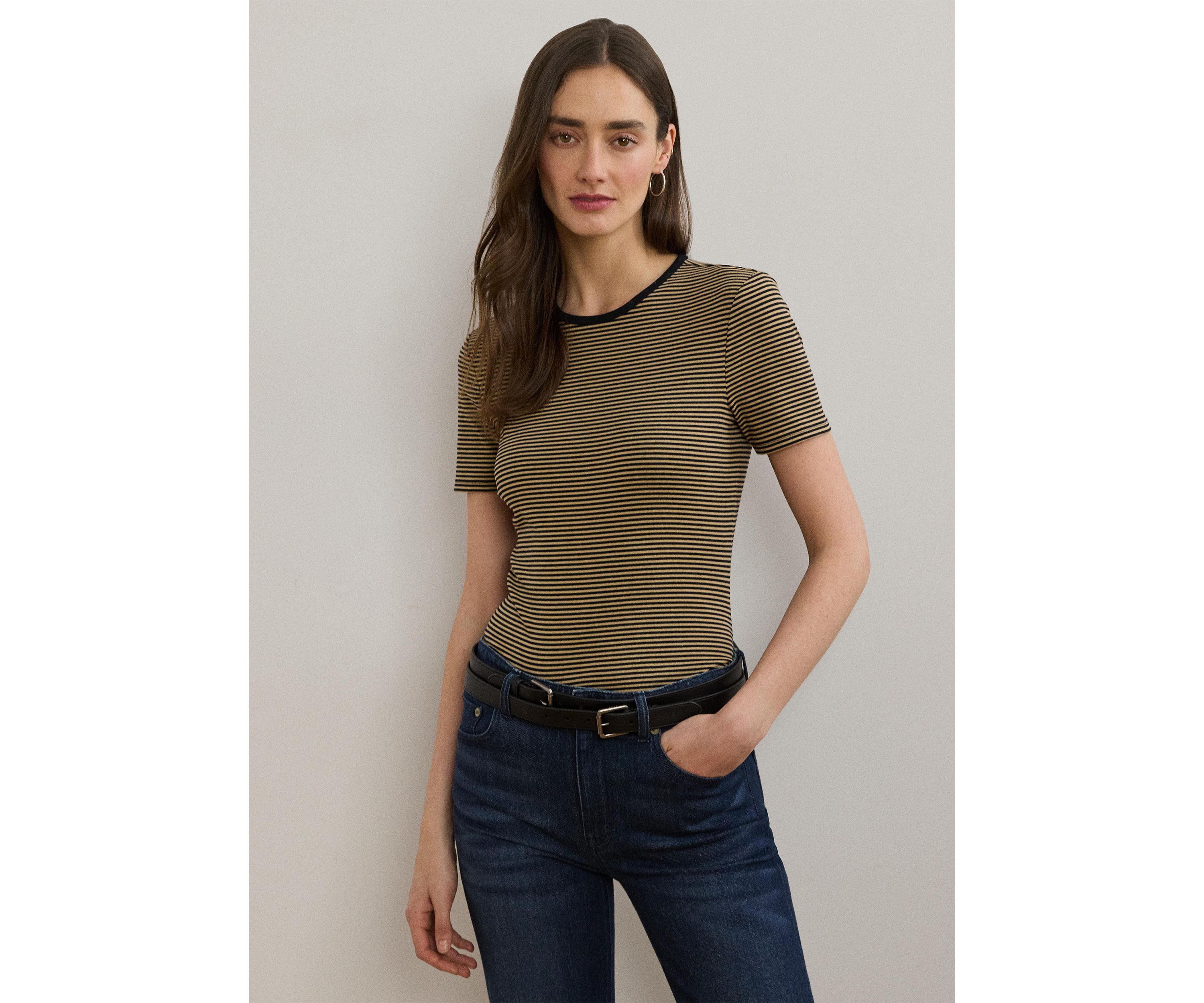 Womens Striped Stretch Cotton Crew Neck T-Shirt