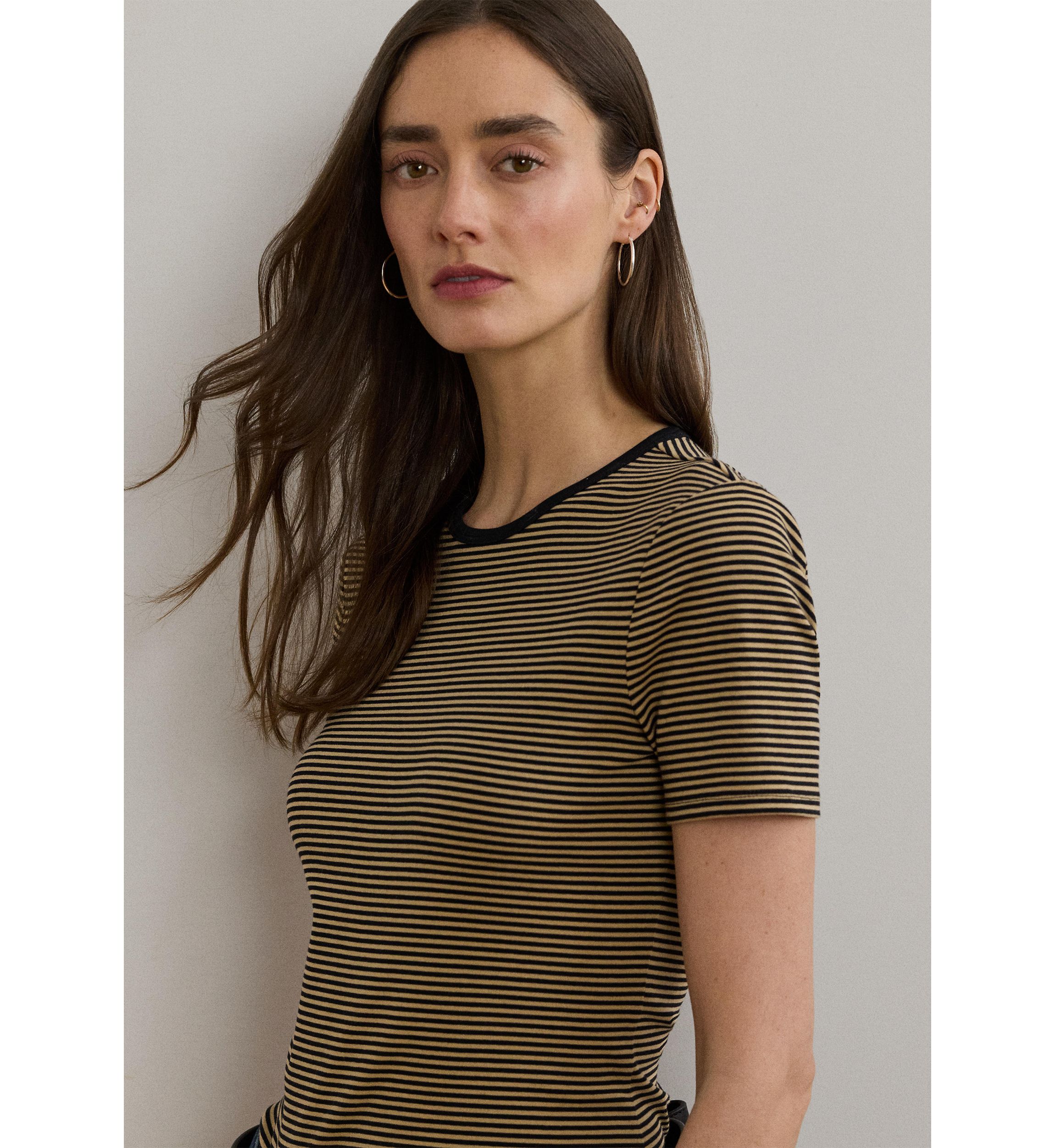 Womens Striped Stretch Cotton Crew Neck T-Shirt