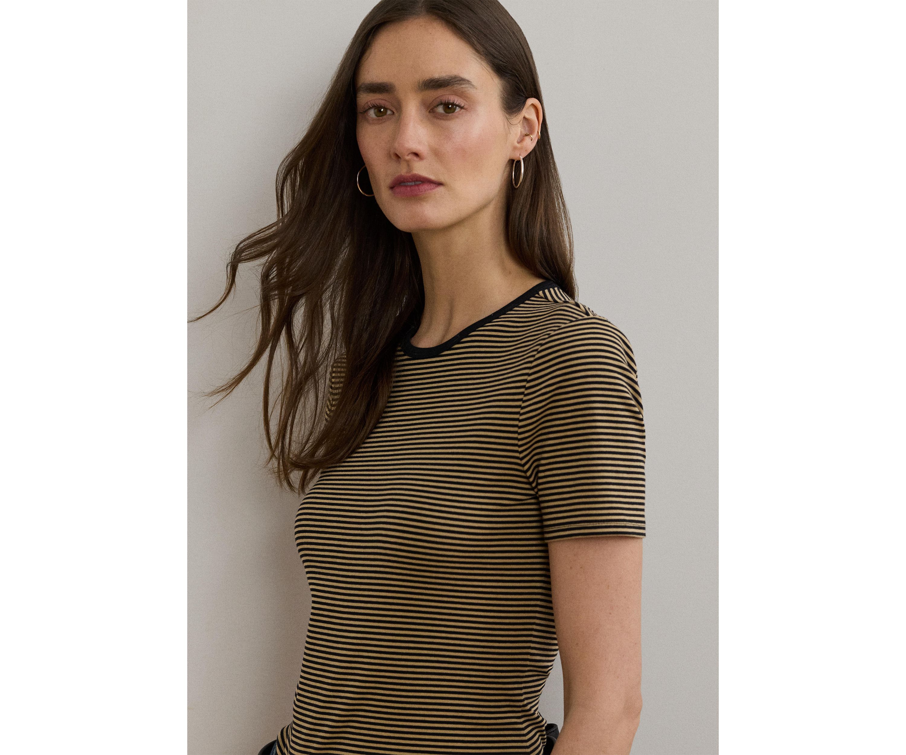Womens Striped Stretch Cotton Crew Neck T-Shirt