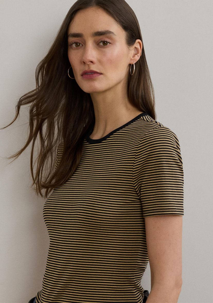 Womens Striped Stretch Cotton Crew Neck T-Shirt