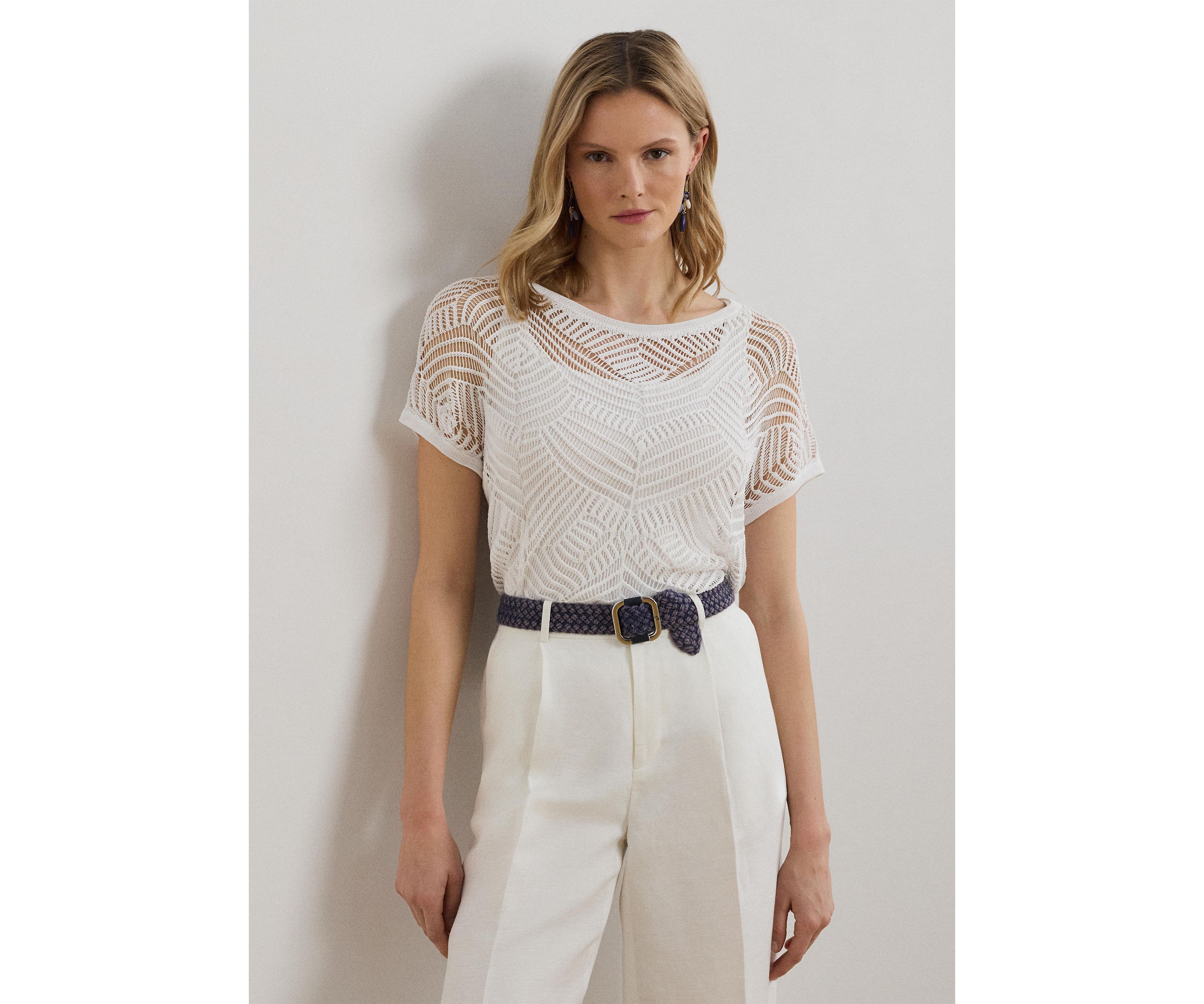 Womens Geo-Motif Mesh Short-Sleeve Sweater