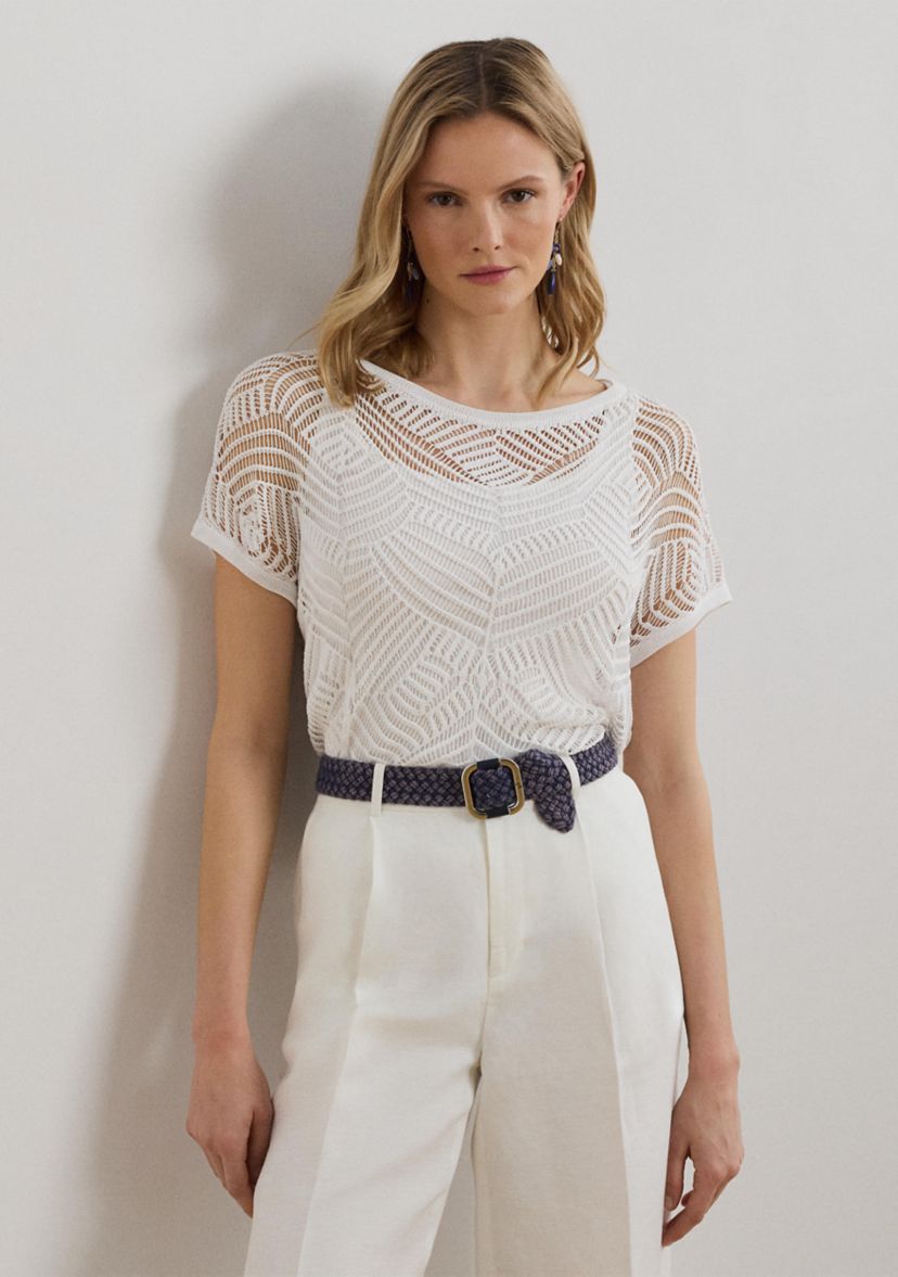 Womens Geo-Motif Mesh Short-Sleeve Sweater