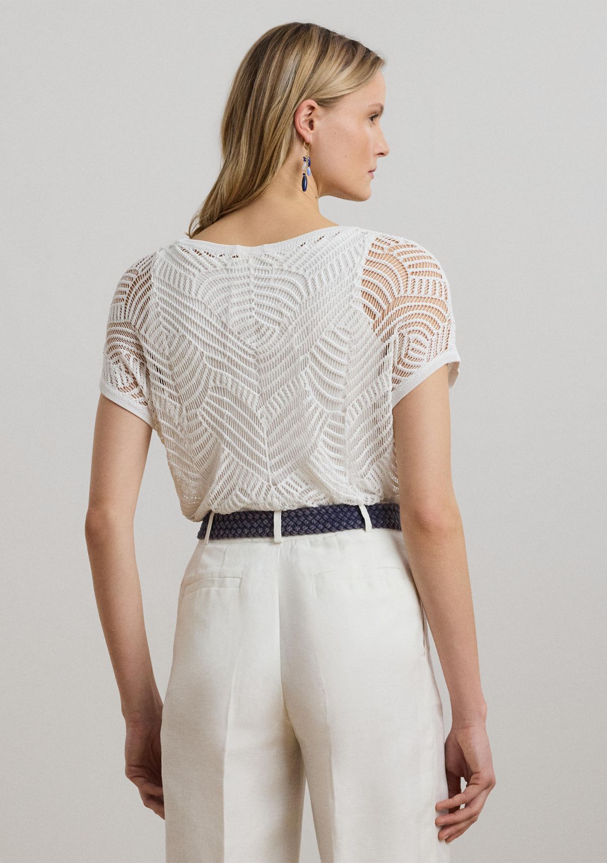 Womens Geo-Motif Mesh Short-Sleeve Sweater