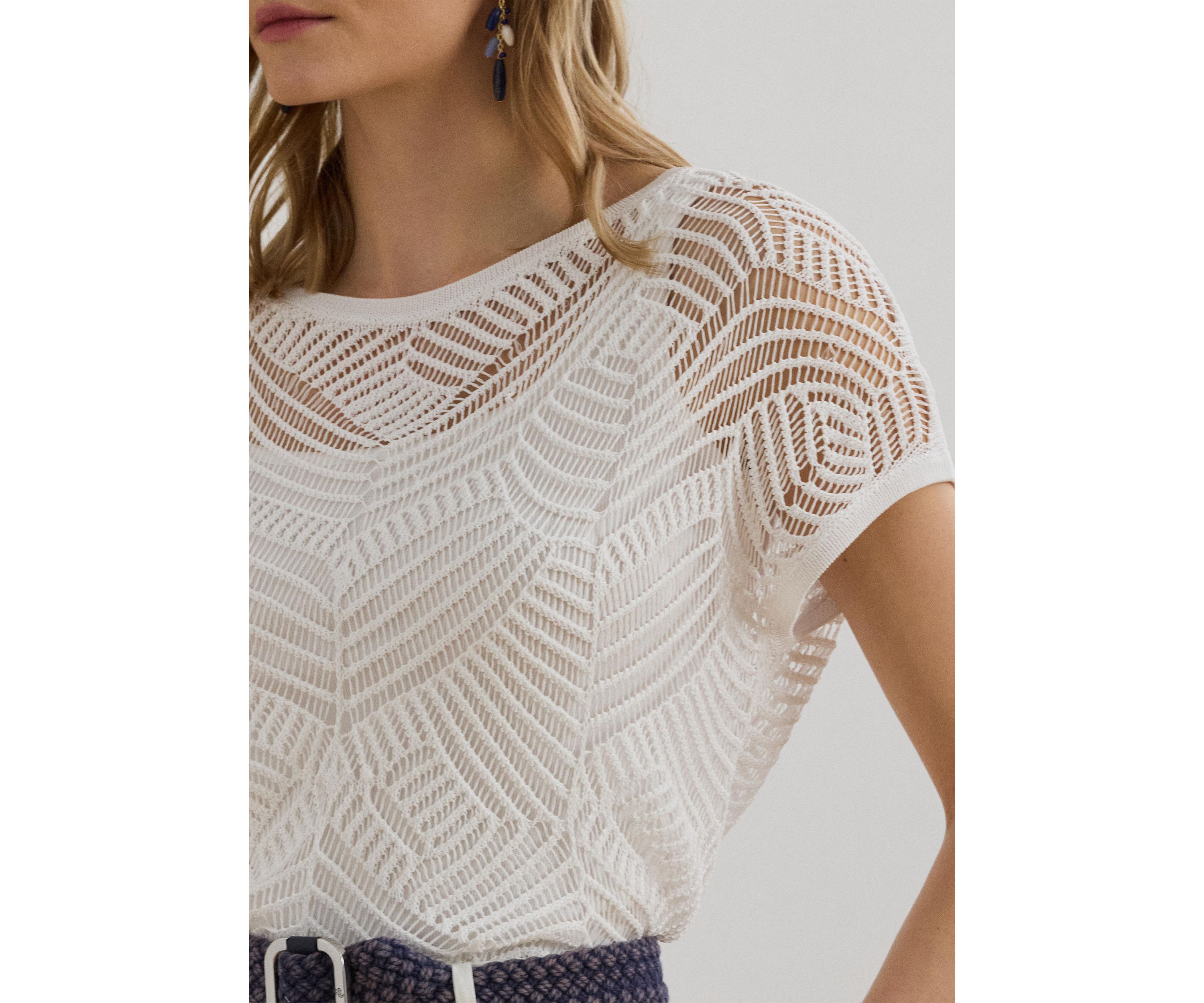 Womens Geo-Motif Mesh Short-Sleeve Sweater