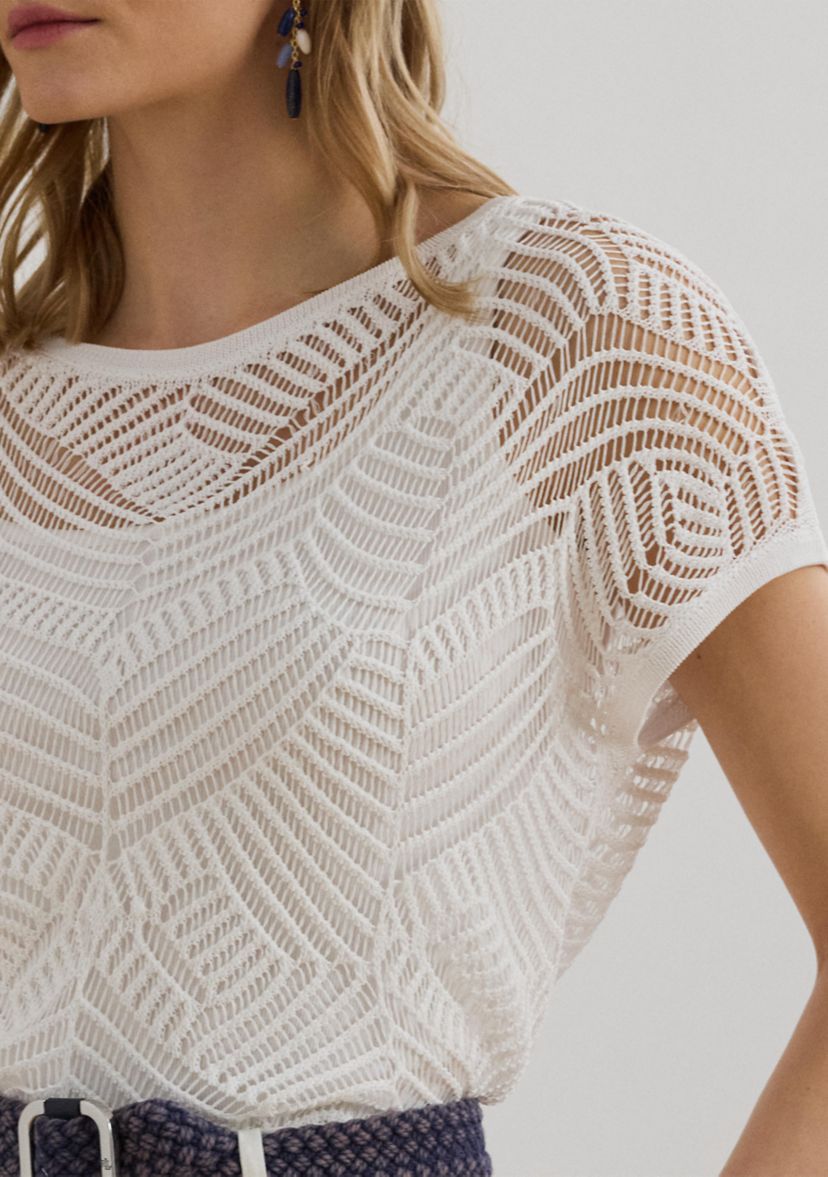 Womens Geo-Motif Mesh Short-Sleeve Sweater