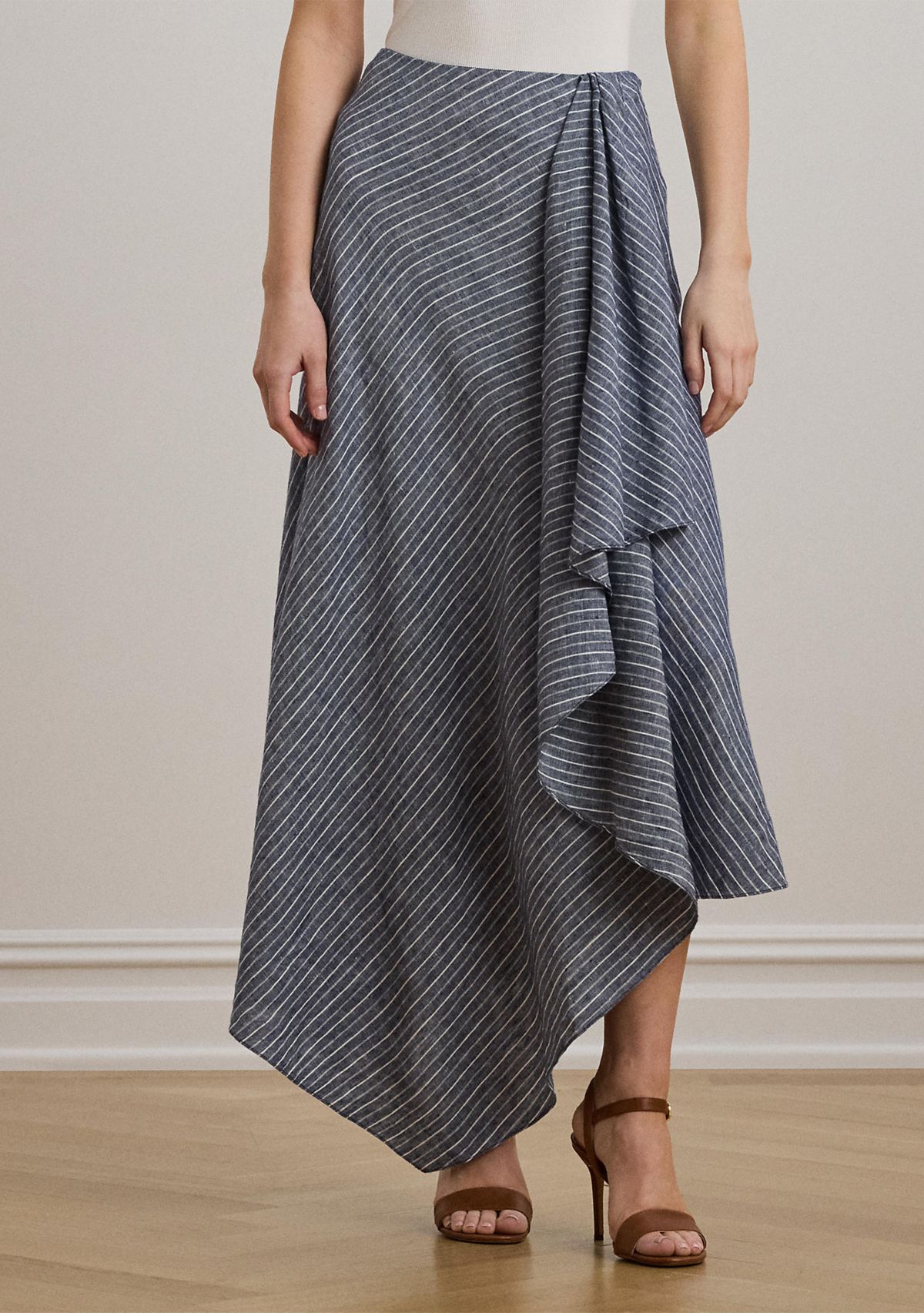 Striped Linen A-Line Midi Skirt