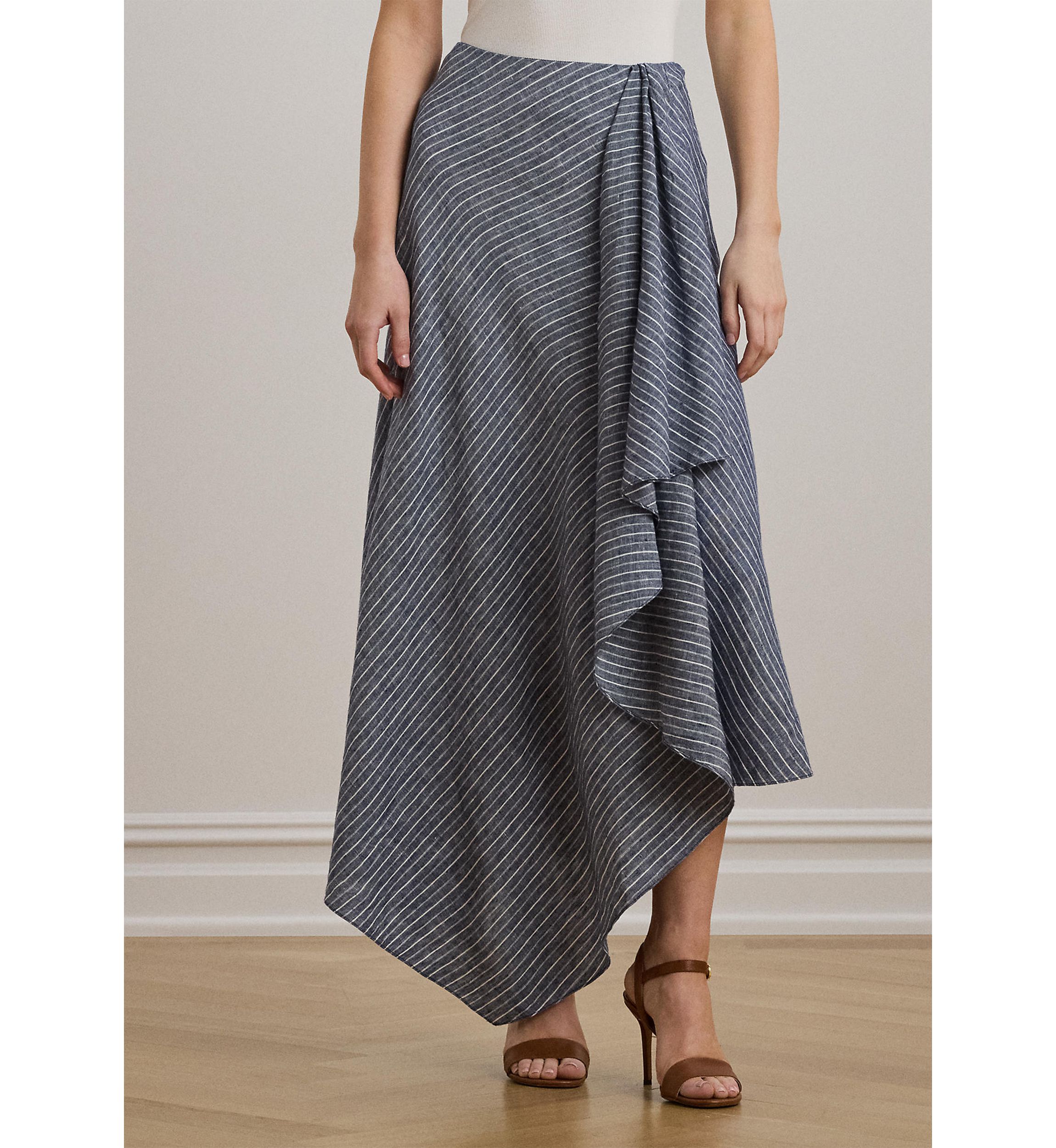 Striped Linen A-Line Midi Skirt