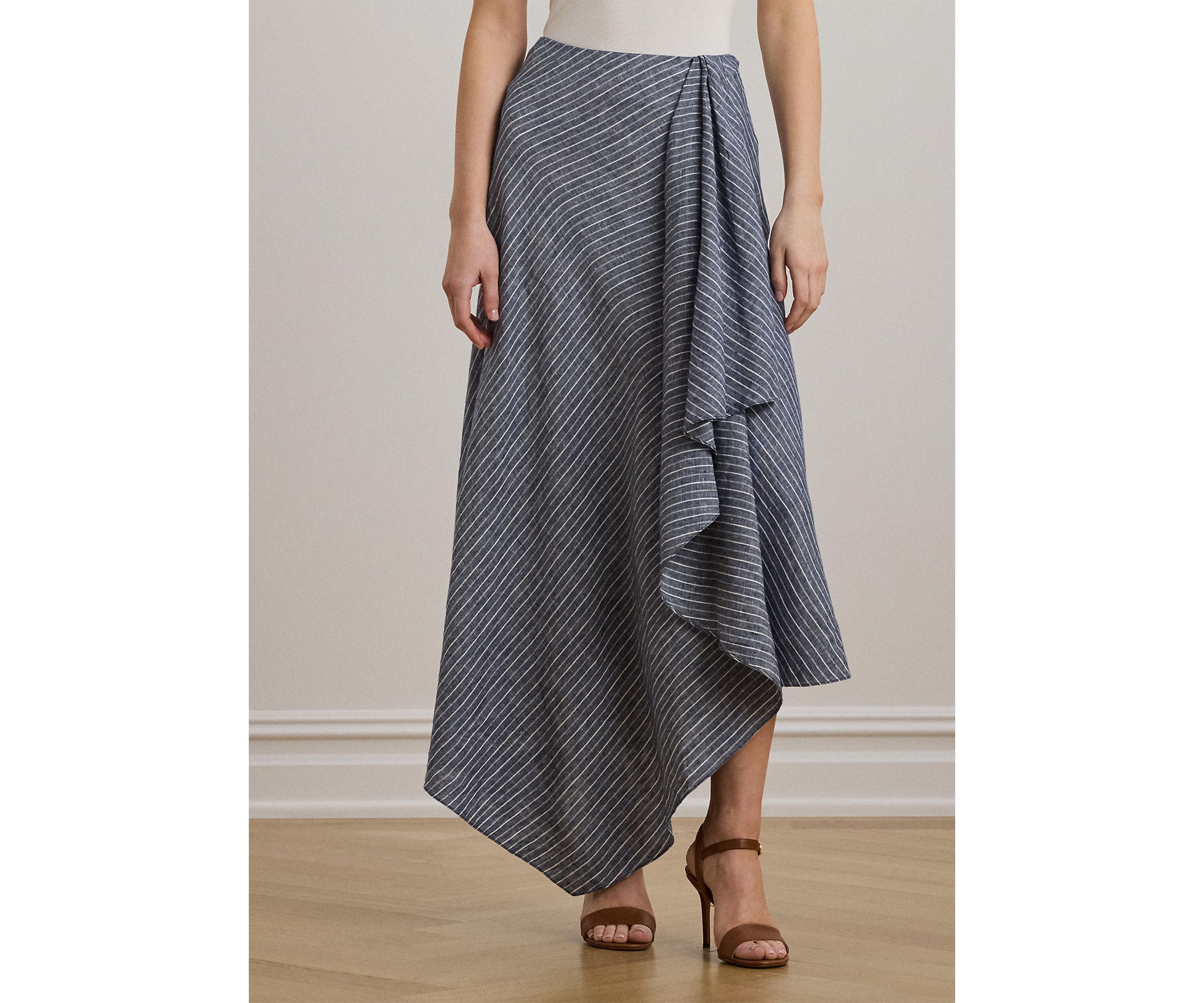 Striped Linen A-Line Midi Skirt