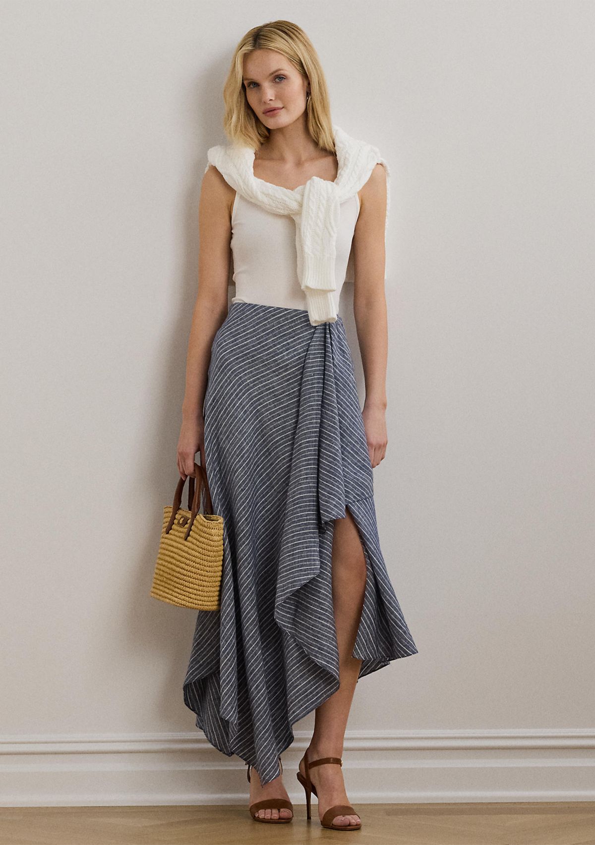 Striped Linen A-Line Midi Skirt