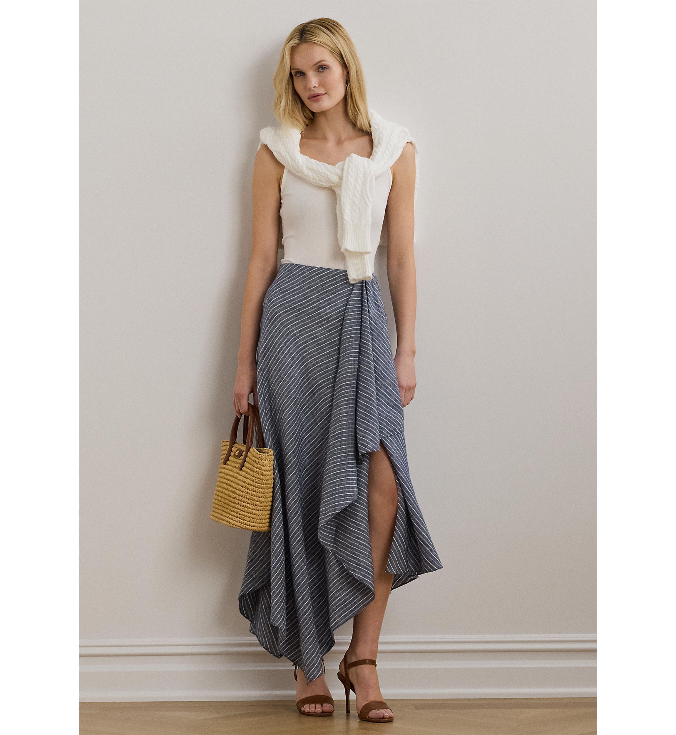 Striped Linen A-Line Midi Skirt