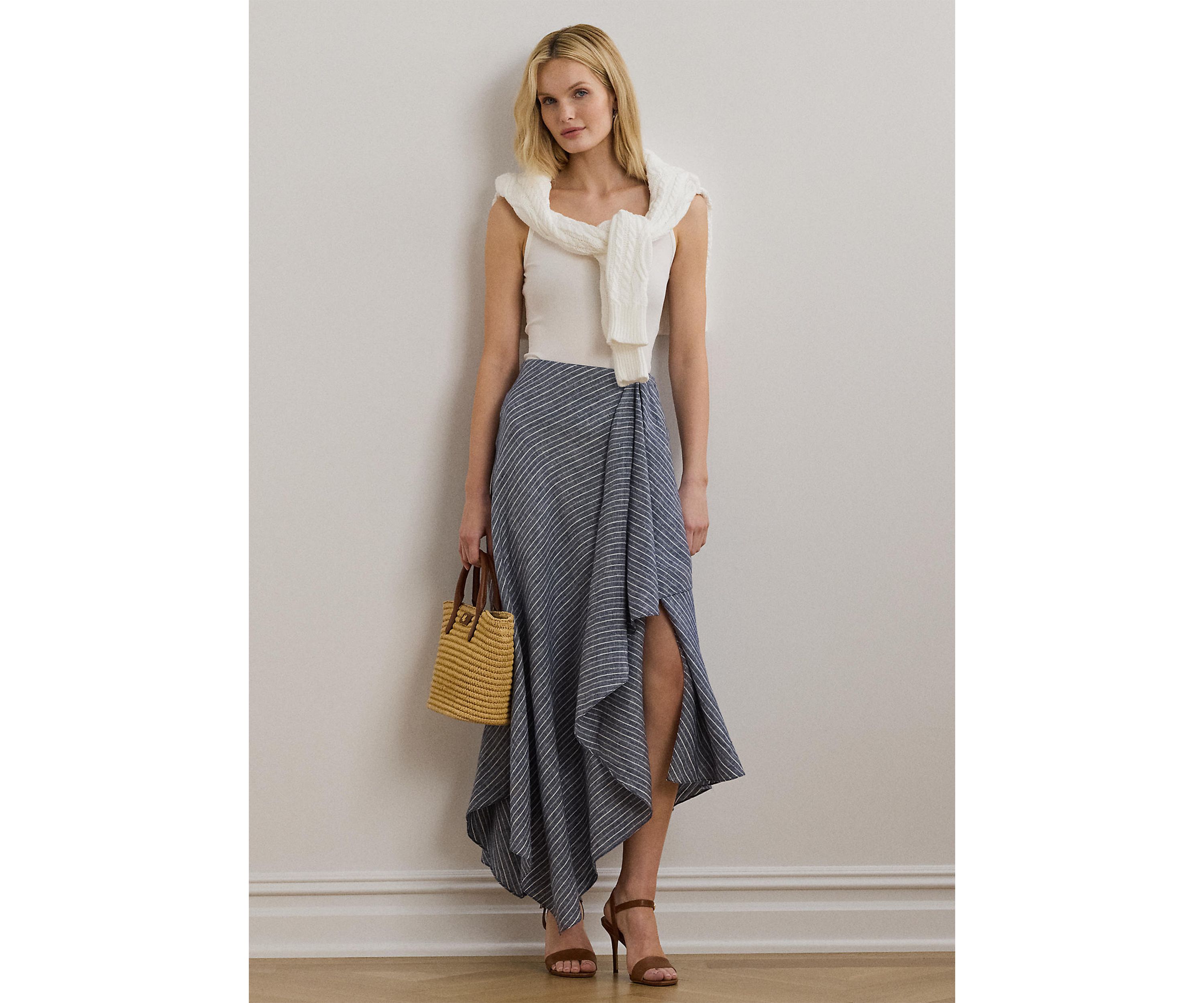 Striped Linen A-Line Midi Skirt