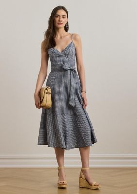 striped silk-blend dress save to wishlist polo ralph lauren Polo Ralph Lauren Silk-Blend A-Line Midi Dress in Natural