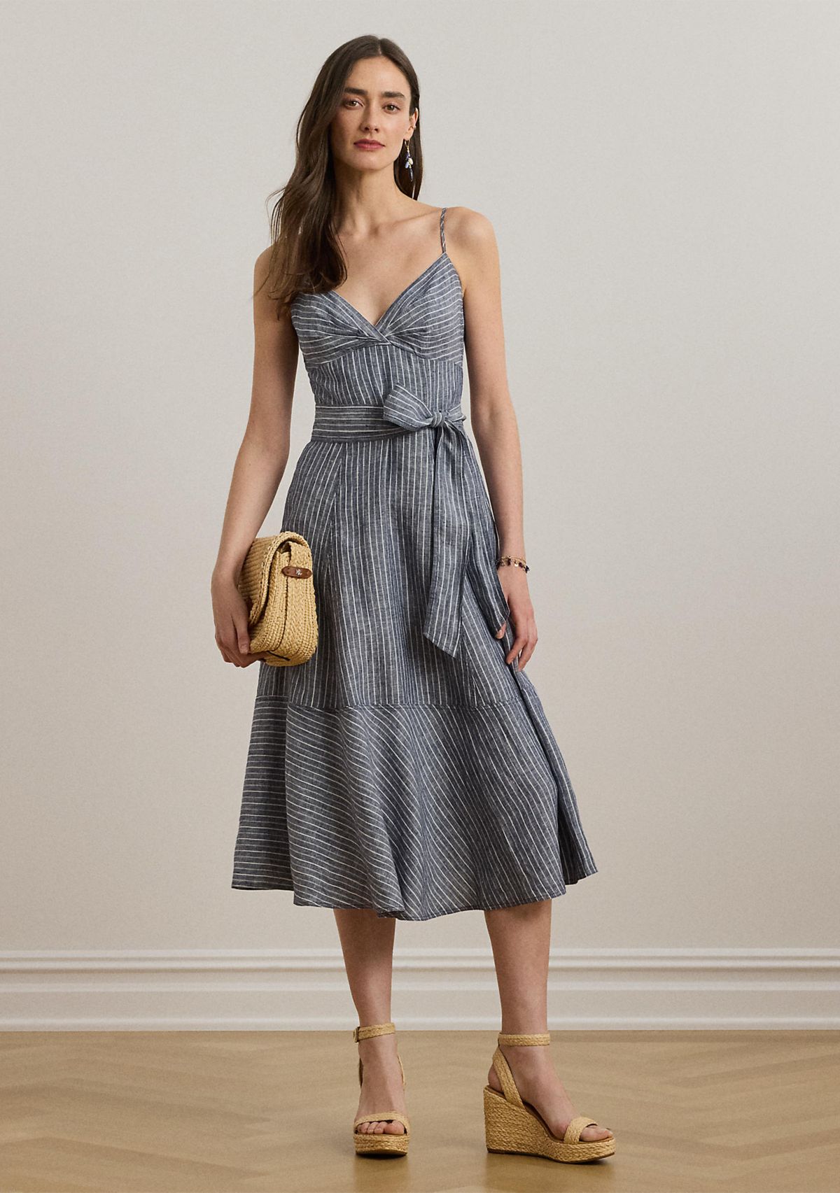 Striped Belted Linen Sleeveless Dress