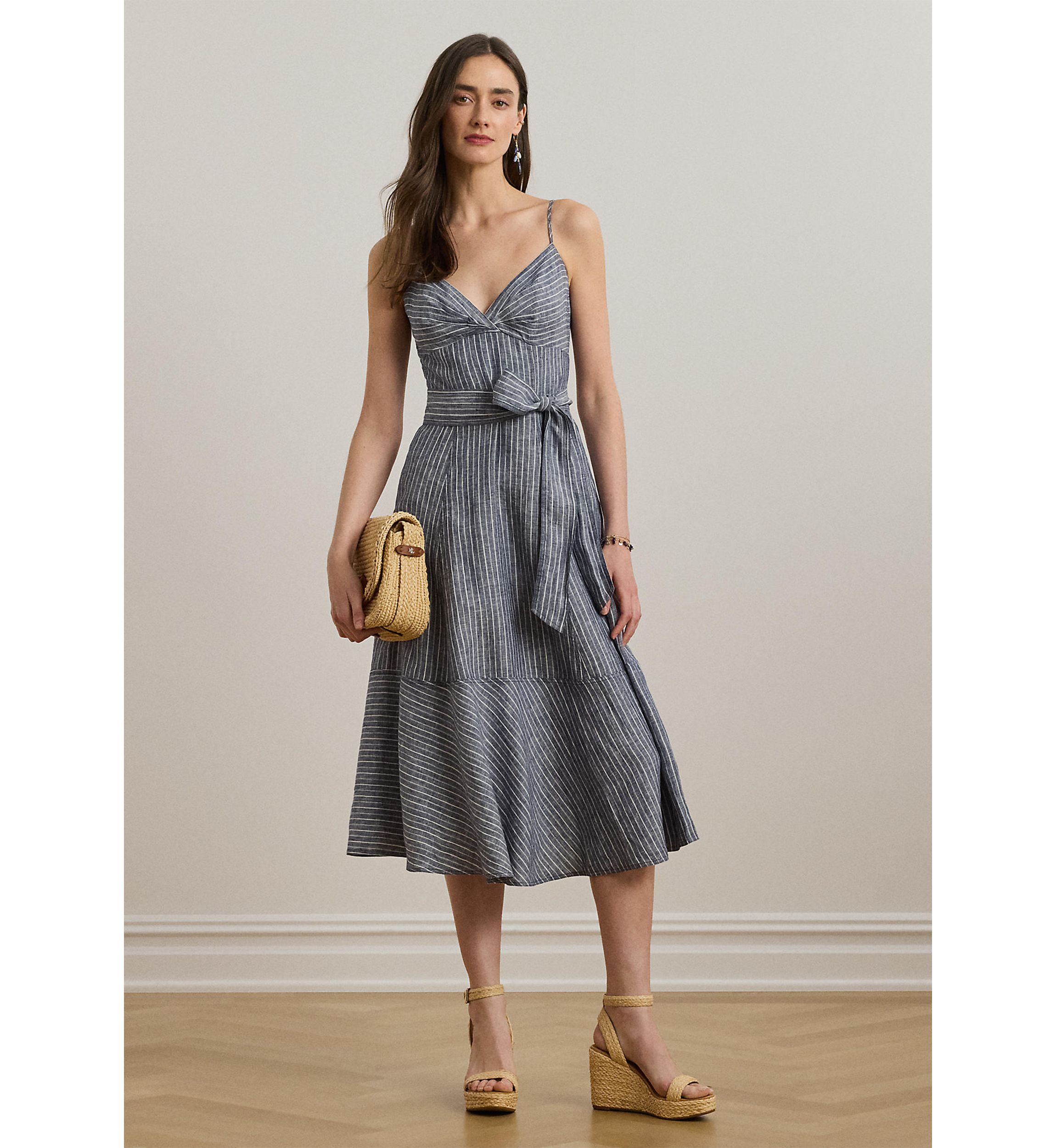 Striped Belted Linen Sleeveless Dress