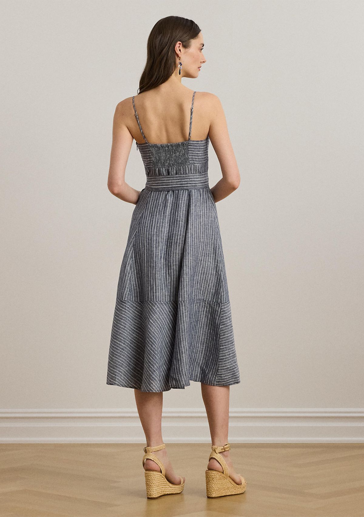 Striped Belted Linen Sleeveless Dress