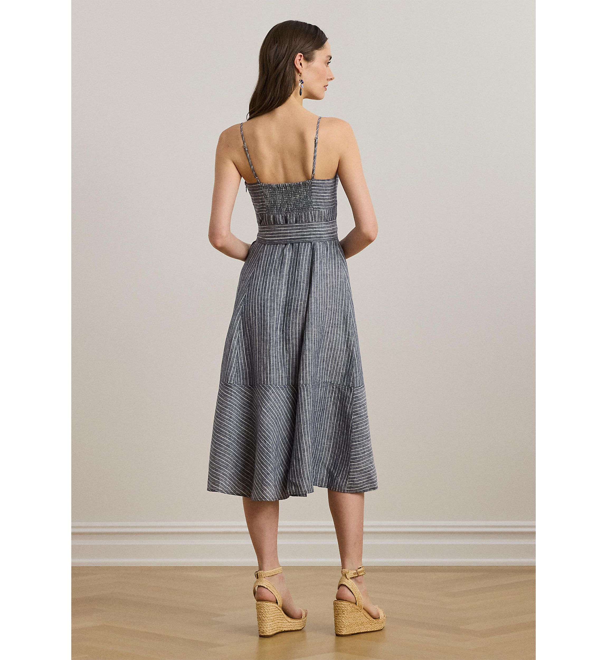 Striped Belted Linen Sleeveless Dress
