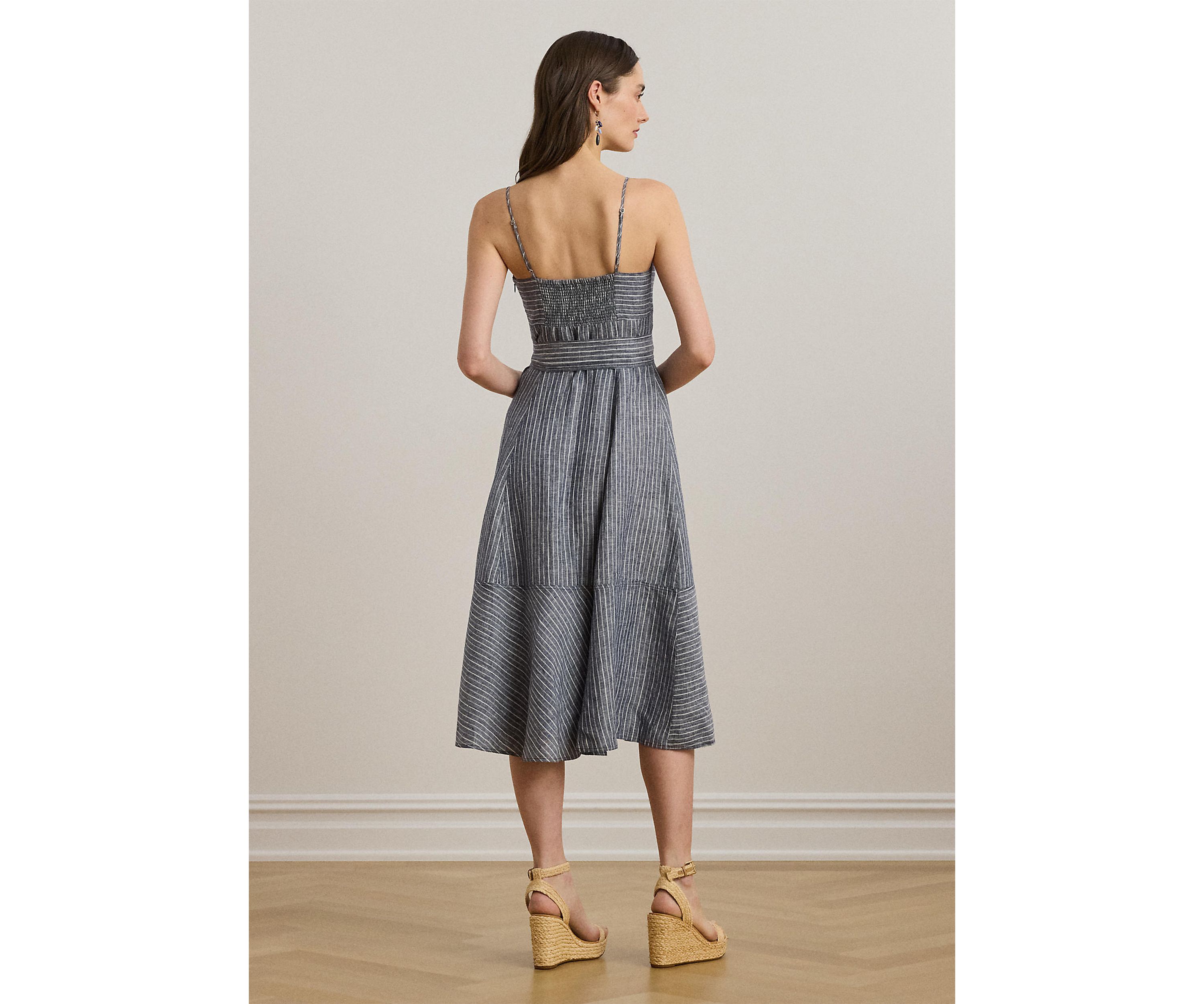 Striped Belted Linen Sleeveless Dress