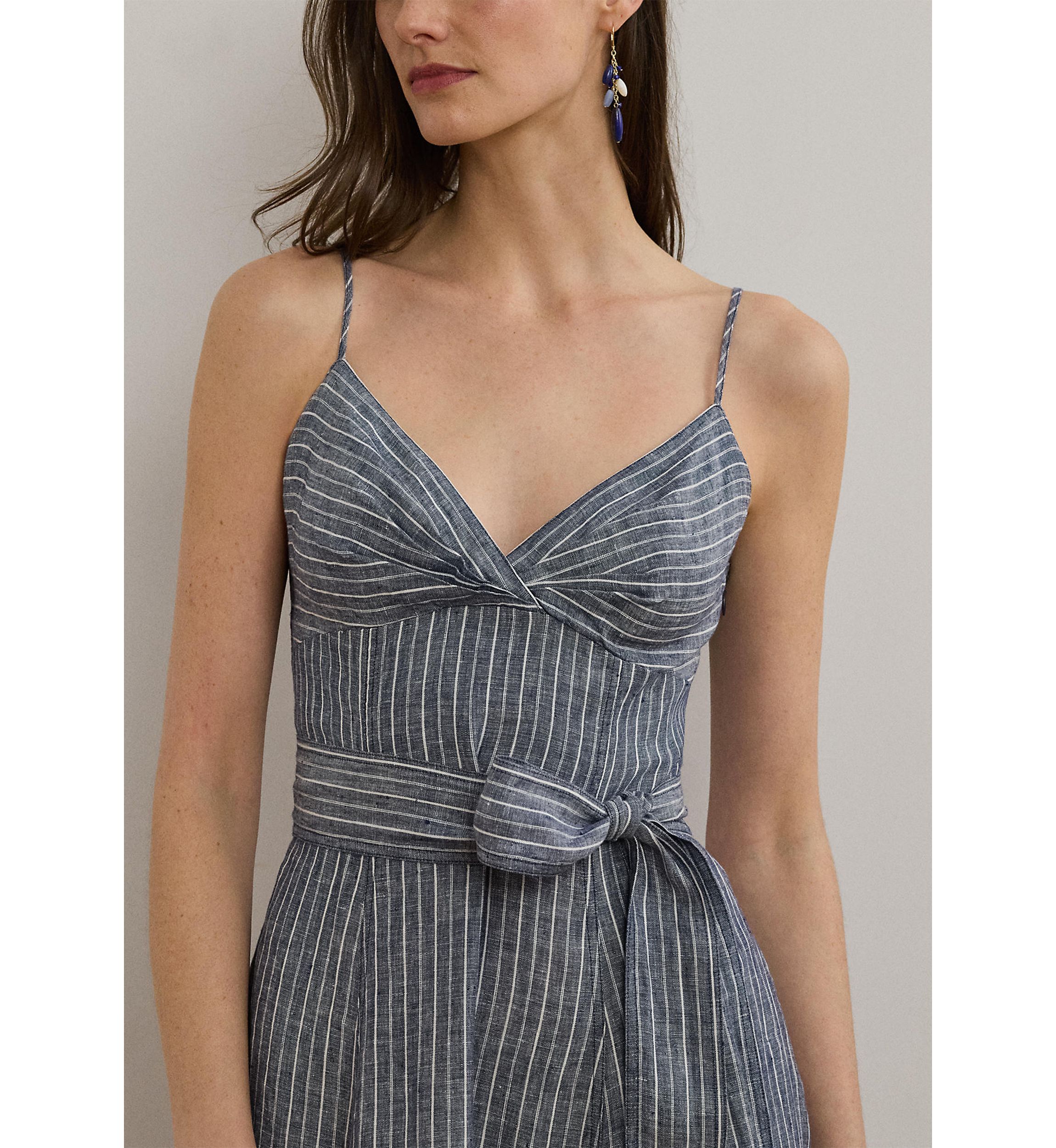 Striped Belted Linen Sleeveless Dress
