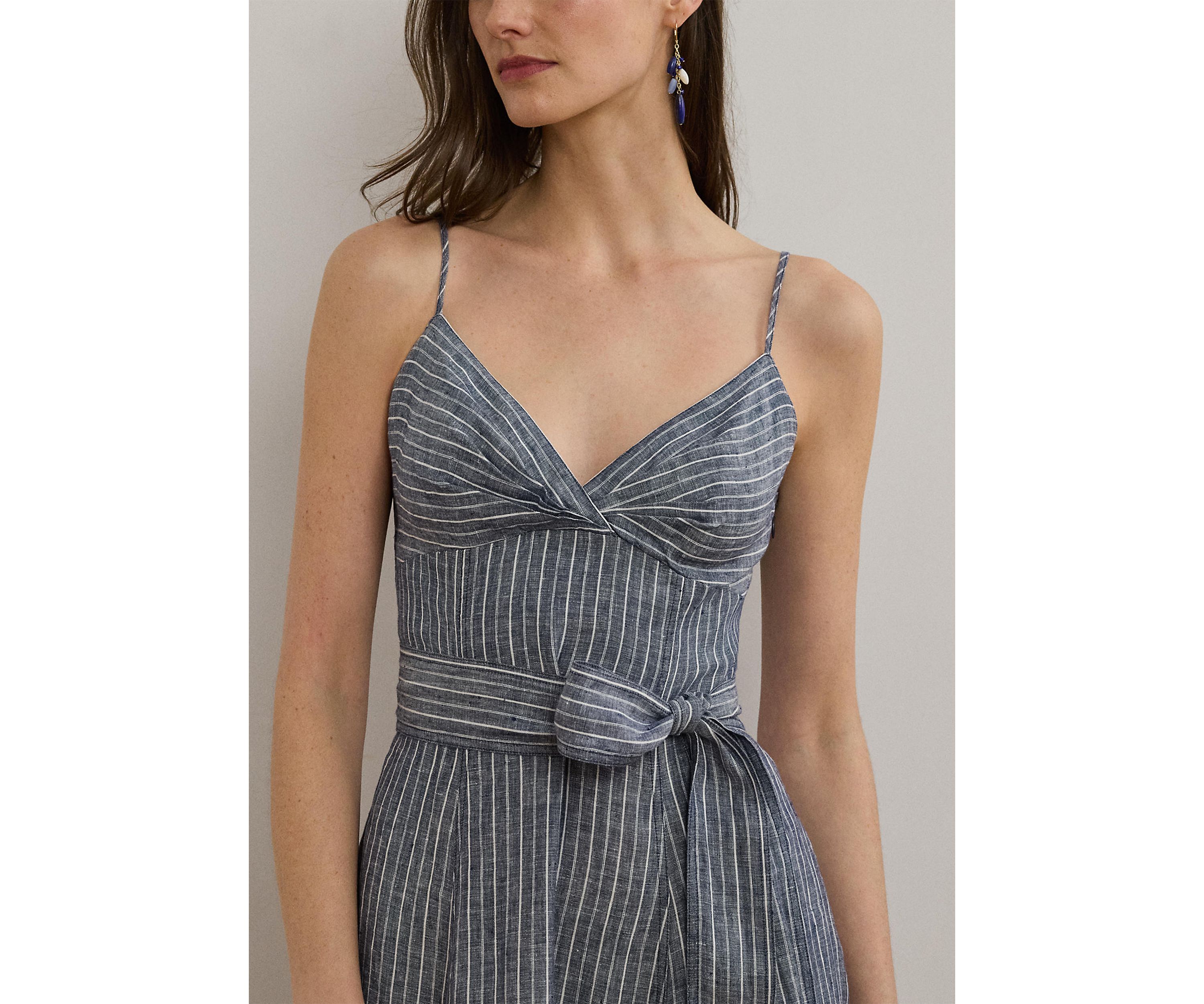 Striped Belted Linen Sleeveless Dress