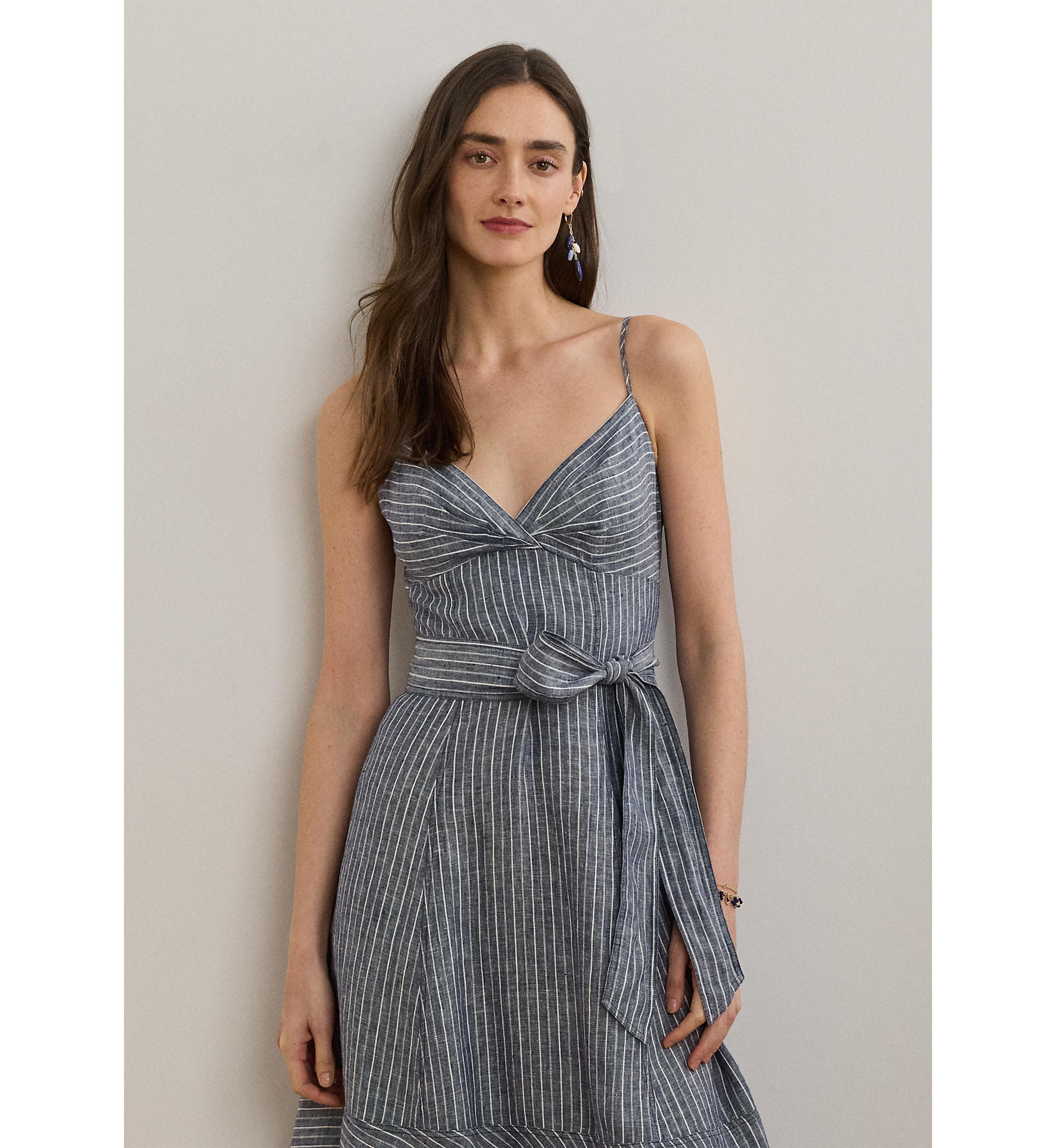 Striped Belted Linen Sleeveless Dress