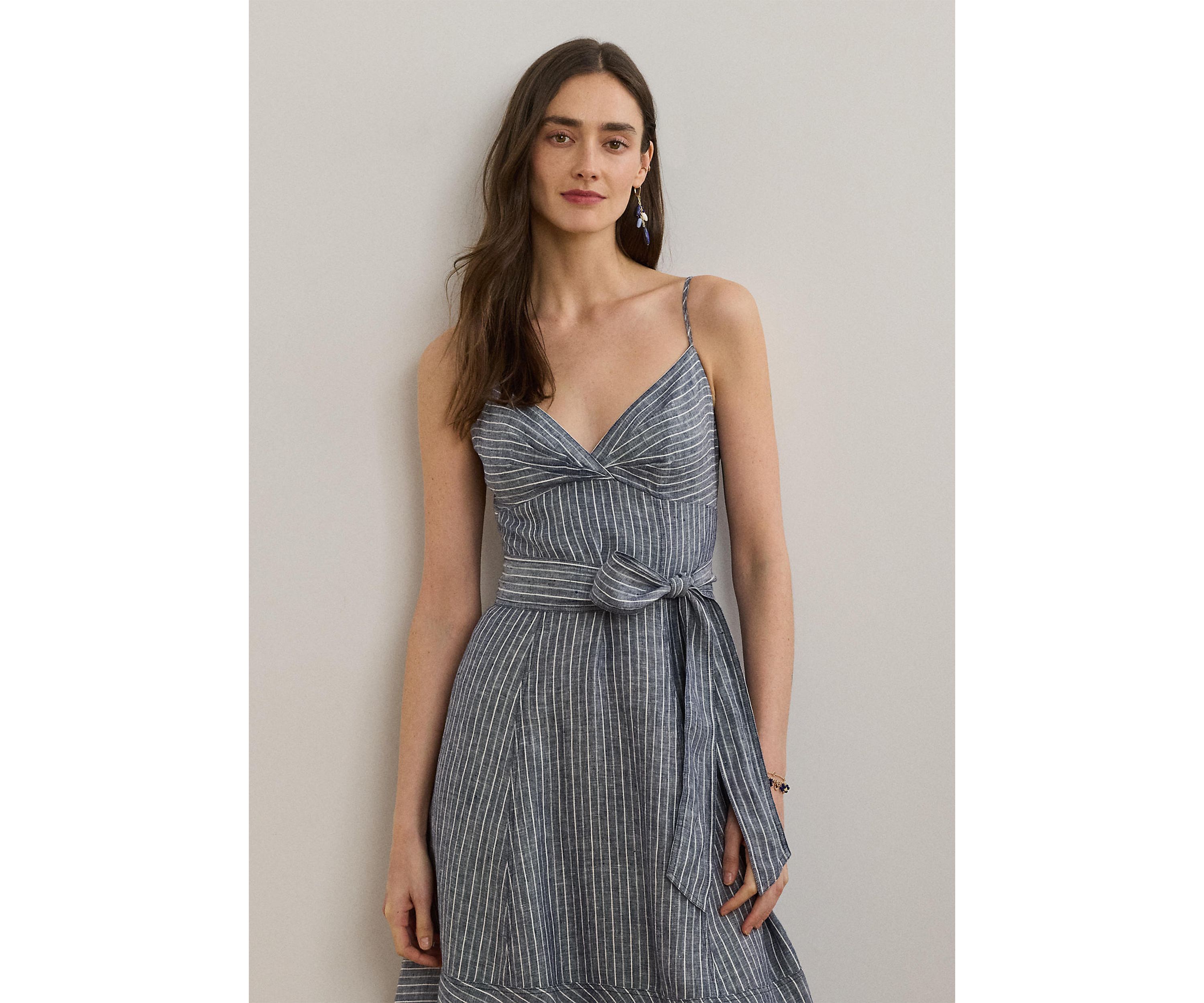 Striped Belted Linen Sleeveless Dress