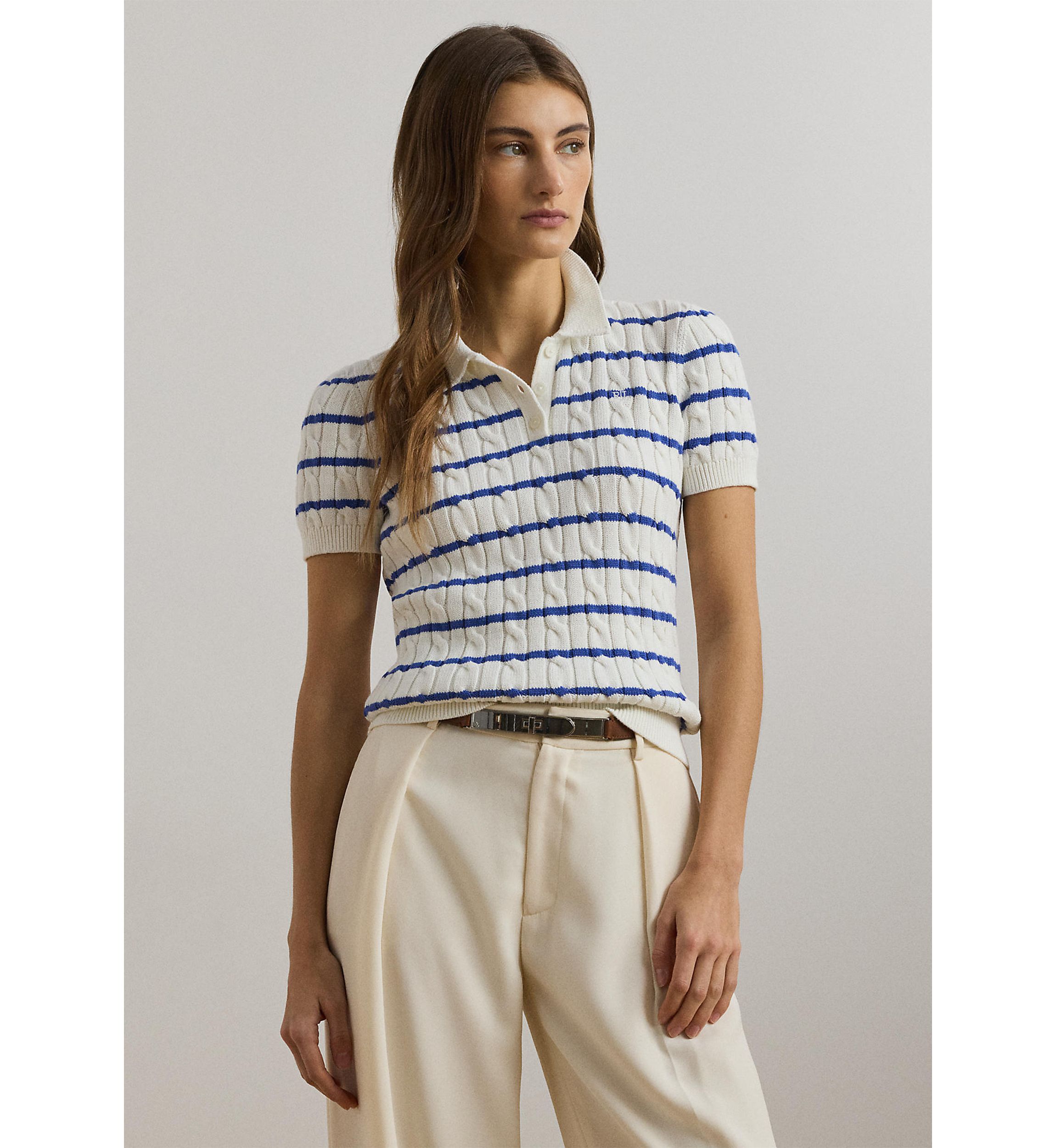 Striped Cable-Knit Cotton Polo Sweater
