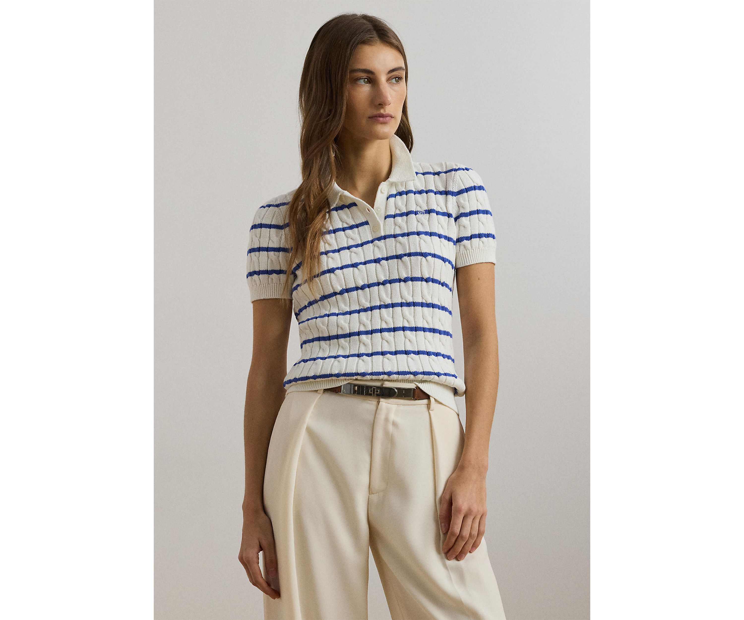 Striped Cable-Knit Cotton Polo Sweater