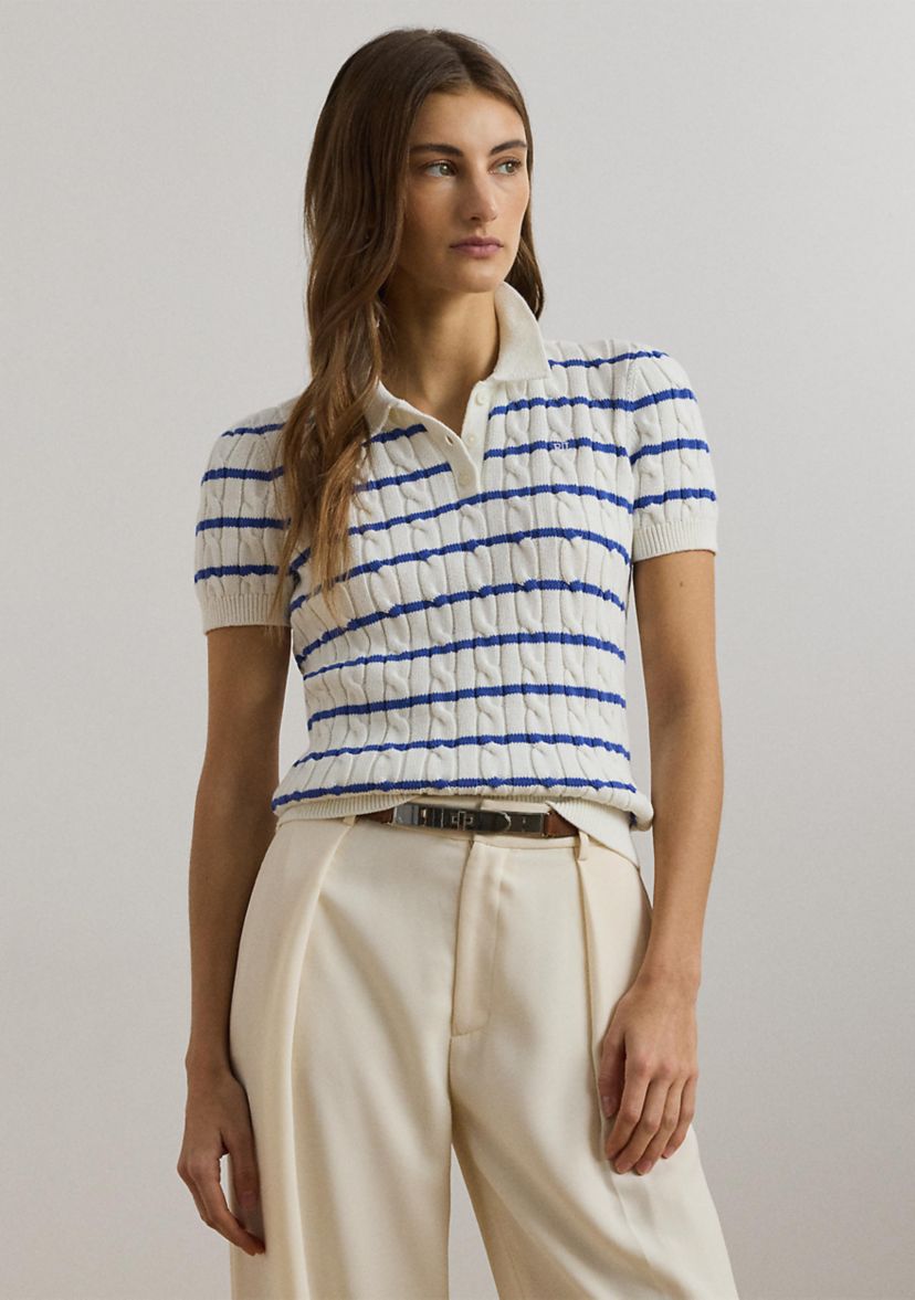 Striped Cable-Knit Cotton Polo Sweater