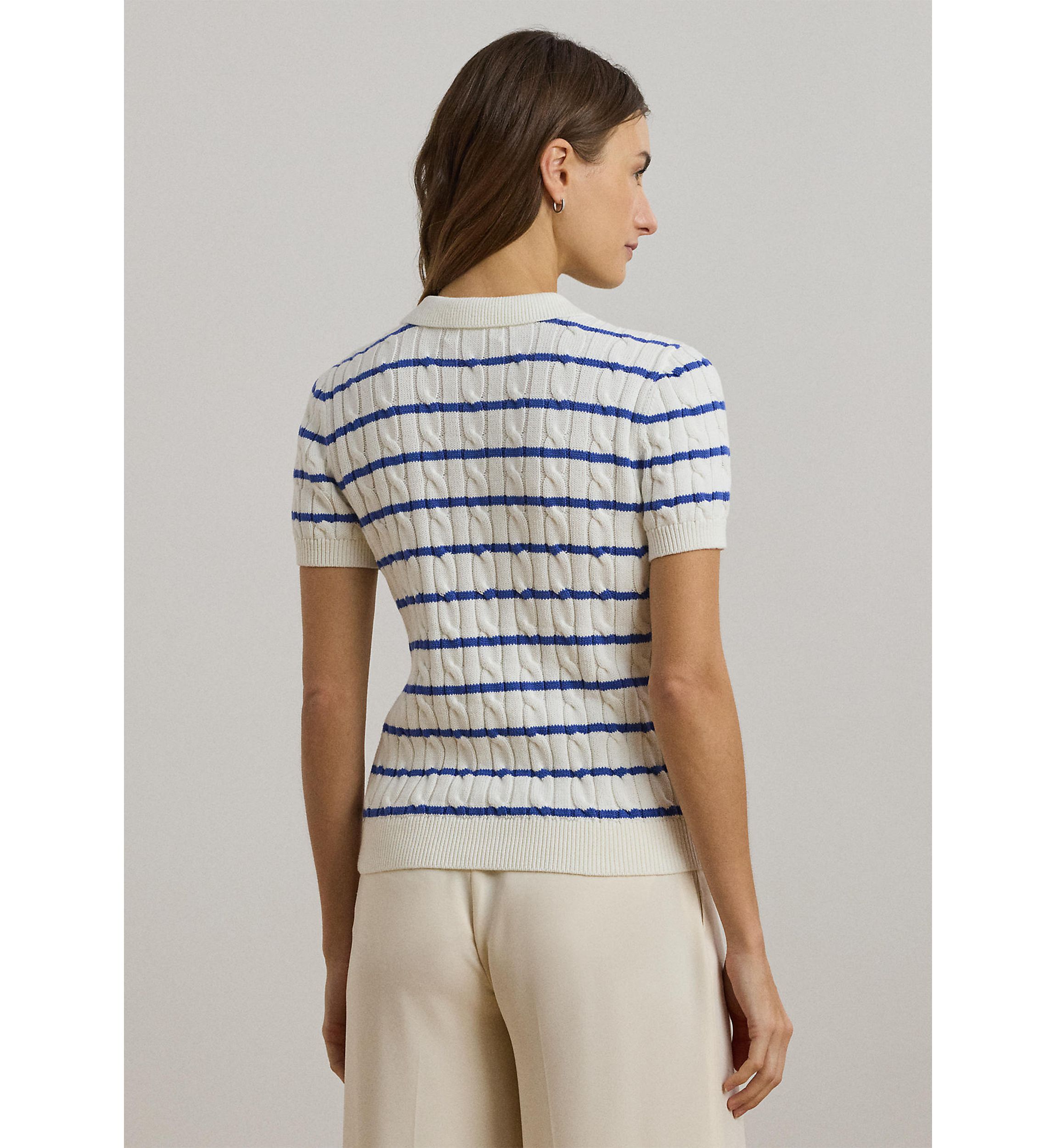 Striped Cable-Knit Cotton Polo Sweater