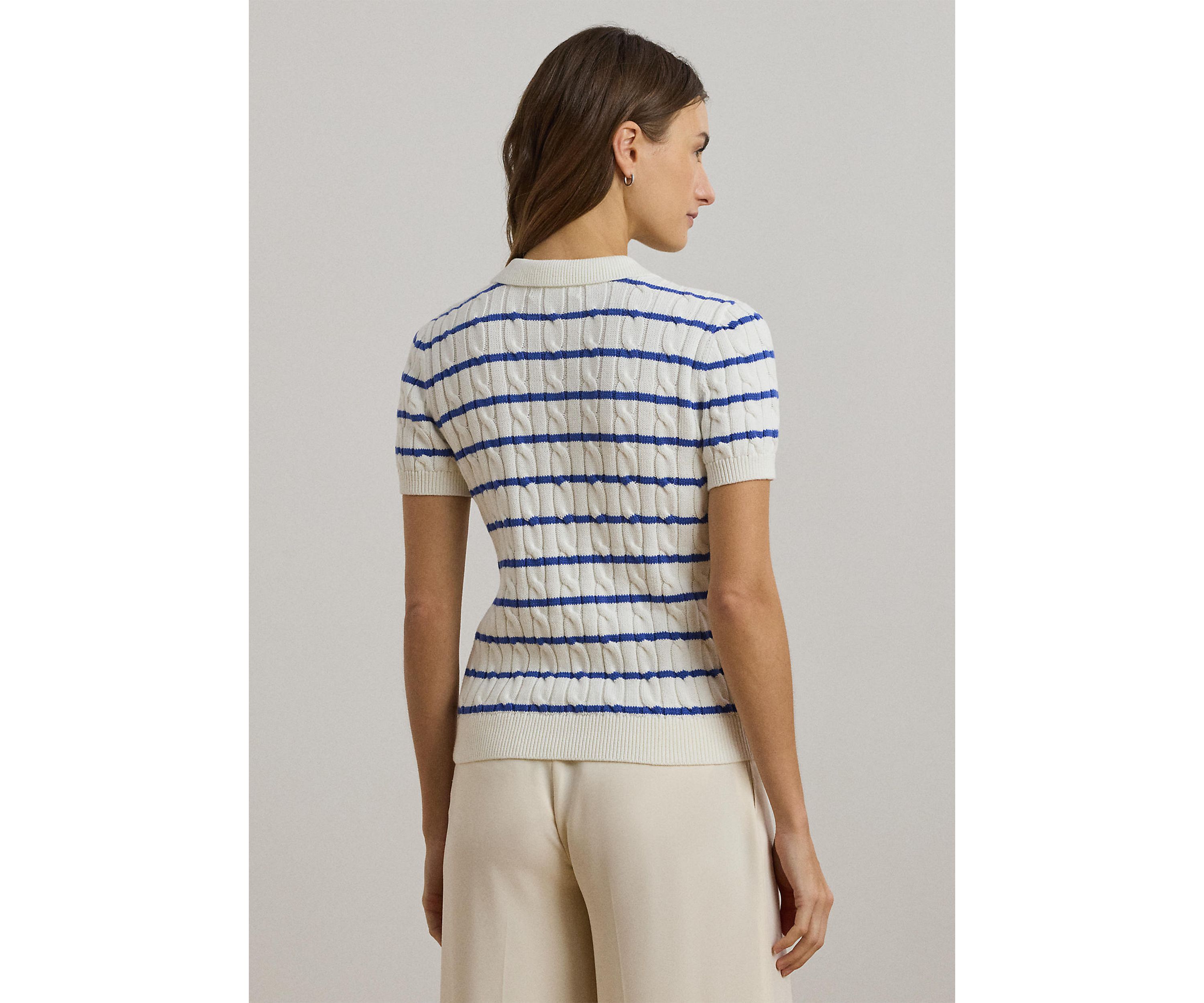 Striped Cable-Knit Cotton Polo Sweater
