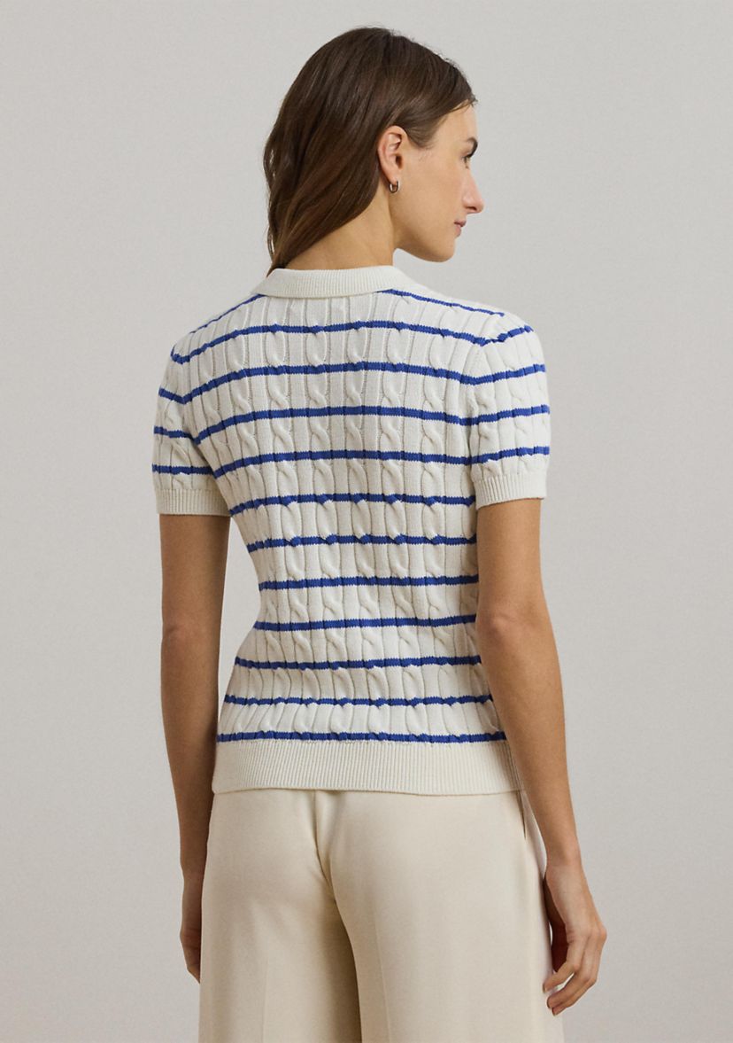 Striped Cable-Knit Cotton Polo Sweater