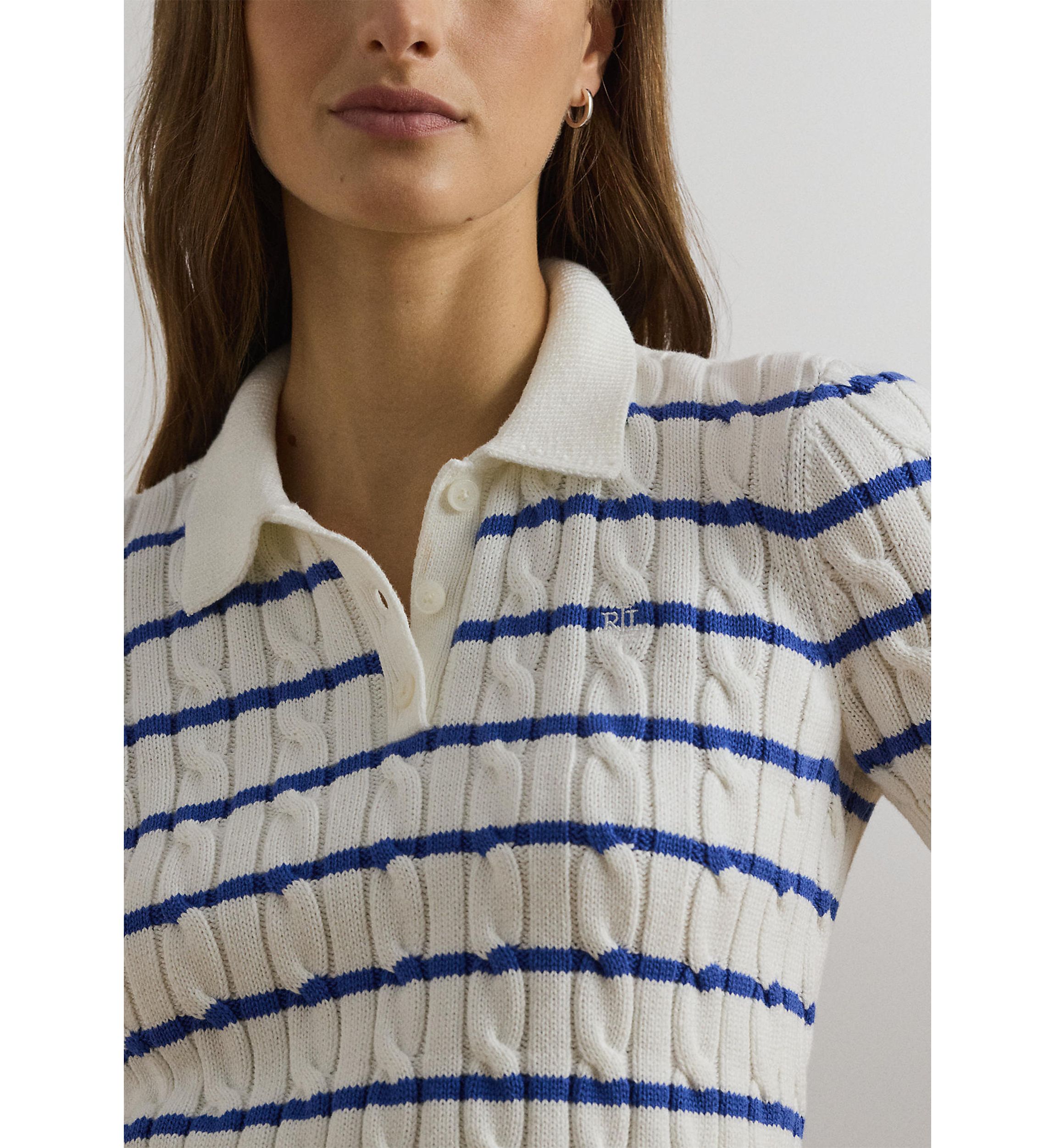 Striped Cable-Knit Cotton Polo Sweater