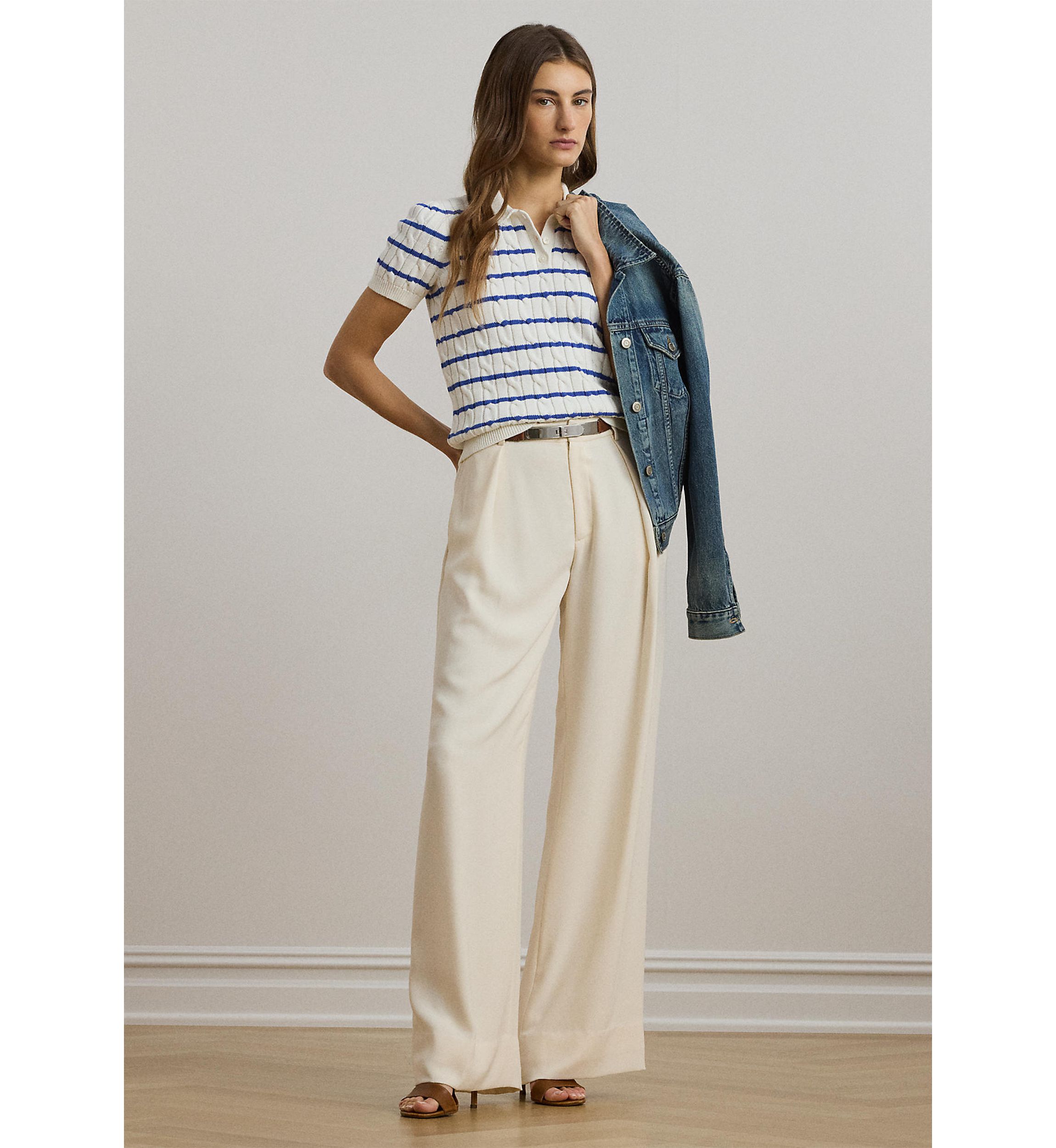 Striped Cable-Knit Cotton Polo Sweater
