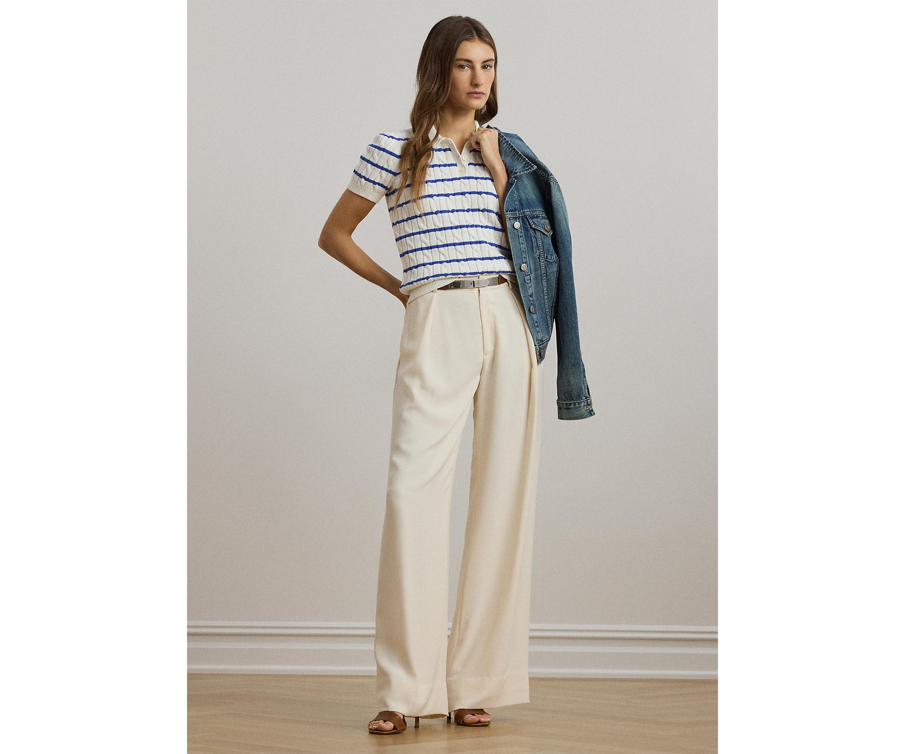 Striped Cable-Knit Cotton Polo Sweater