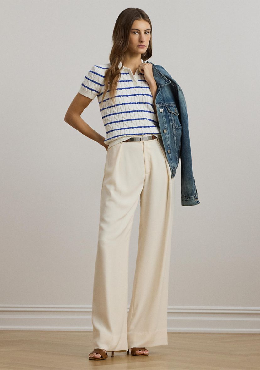 Striped Cable-Knit Cotton Polo Sweater