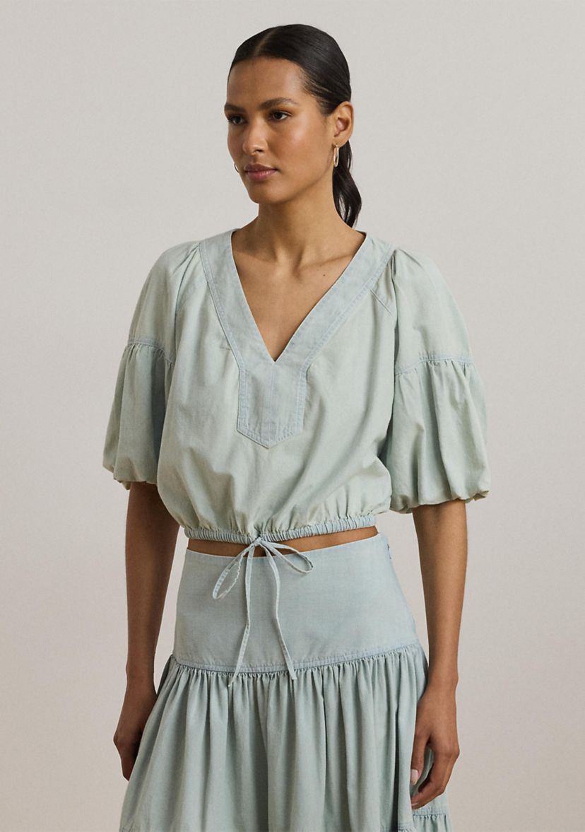 Chambray Cropped Bubble-Sleeve Blouse